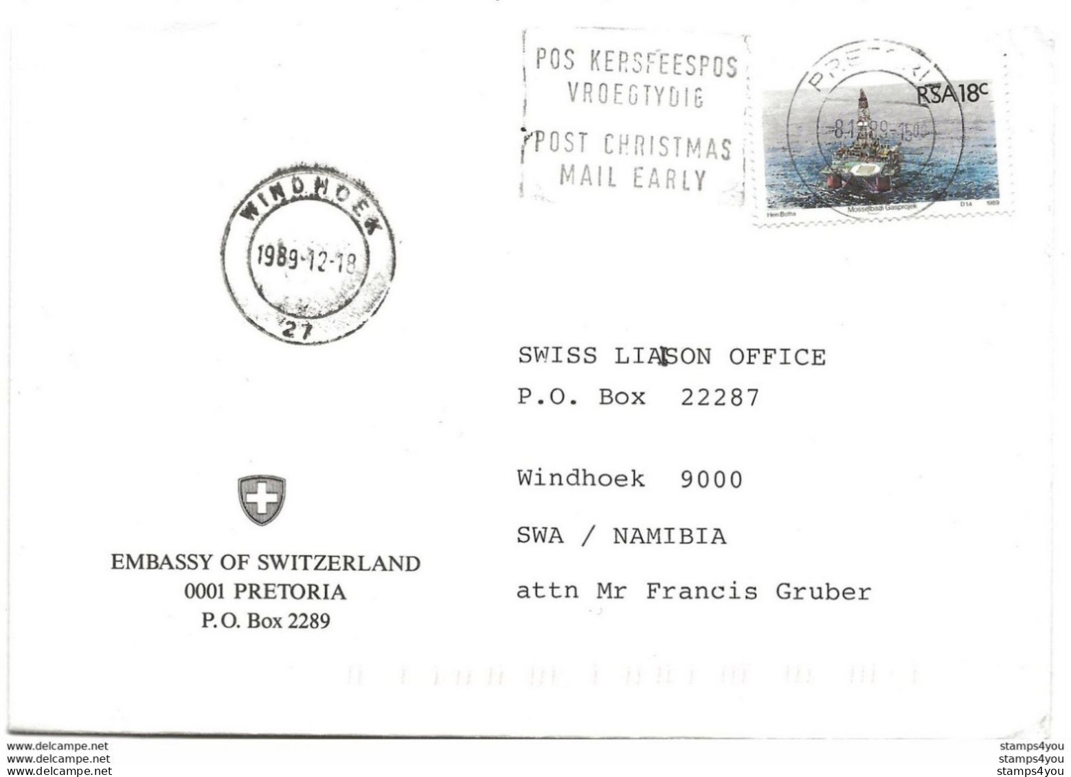 136 - 97 - Enveloppe Envoyée L'ambassade Suisse / Prétoria 1989 - Storia Postale