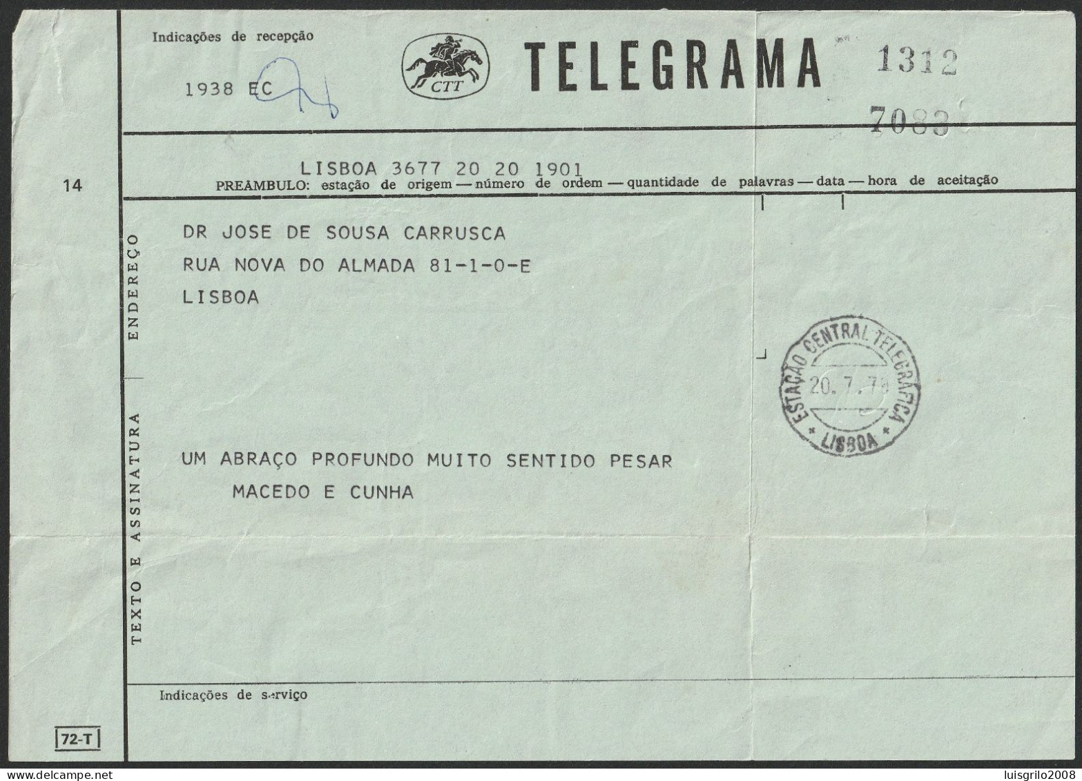 Telegram/ Telegrama - Postmark . ESTAÇÃO CENTRAL TELEGRÁFICA. Lisboa. 1979 -|- Lisboa > Lisboa - Lettres & Documents