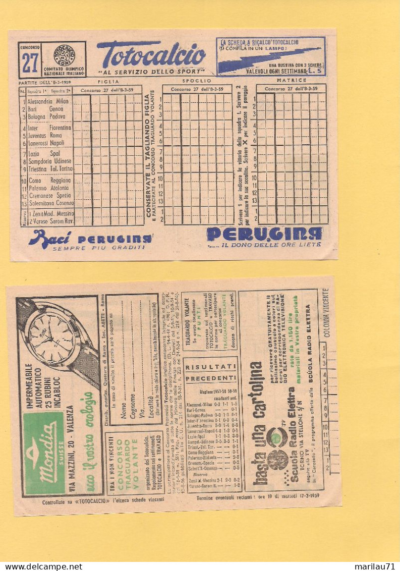 12074 Schedina Totocalcio CONI 1959 Concorso 27 Nuova - Billetes De Lotería