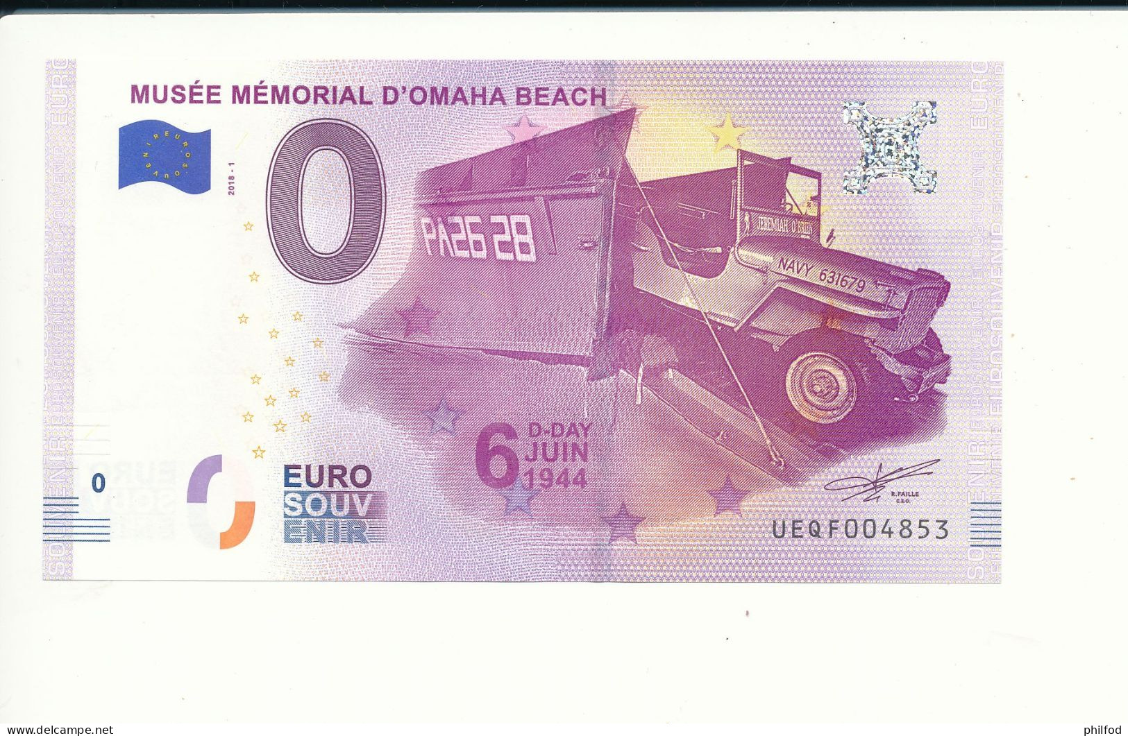 Billet Souvenir - 0 Euro - UEQF - 2018-1 -  MUSÉE MÉMORIAL D'OMAHA BEACH - N° 4853 - Billet épuisé - Prove Private