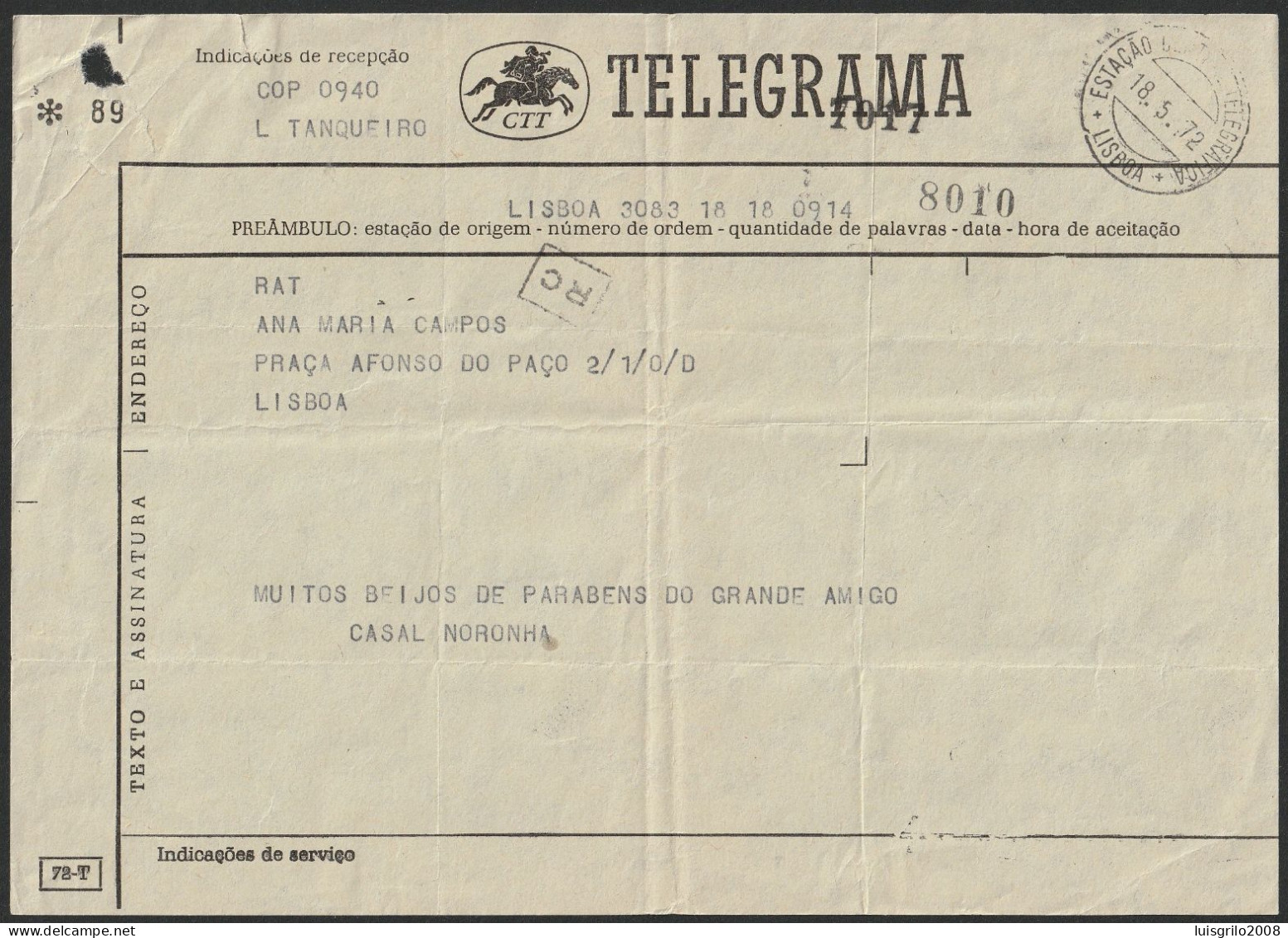 Telegram/ Telegrama - Postmark . ESTAÇÃO CENTRAL TELEGRÁFICA. Lisboa. 1972 -|- L. Tanqueiro, Lisboa > Lisboa - Covers & Documents