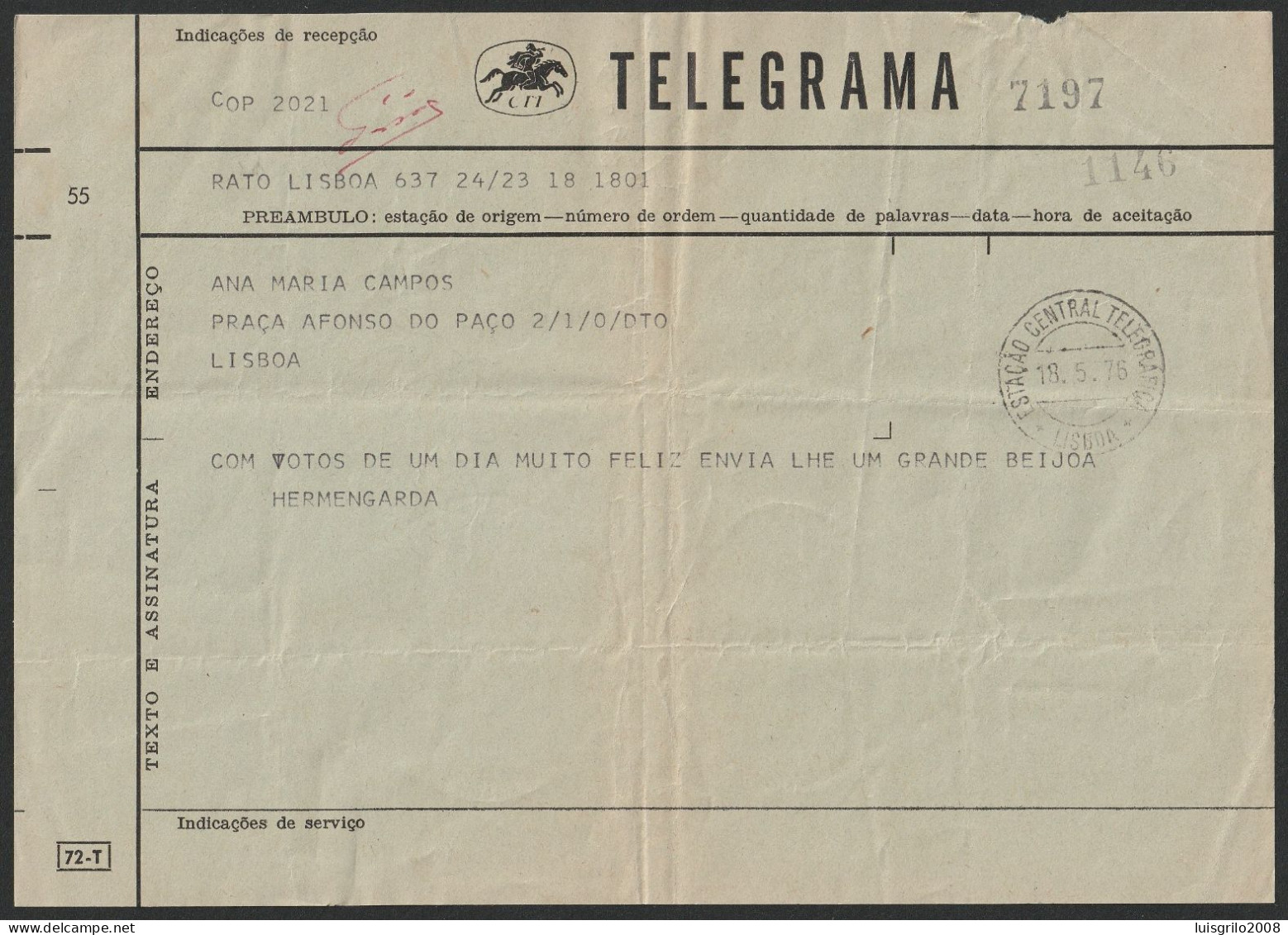 Telegram/ Telegrama - Postmark . ESTAÇÃO CENTRAL TELEGRÁFICA. Lisboa. 1975 -|- Rato, Lisboa > Lisboa - Brieven En Documenten