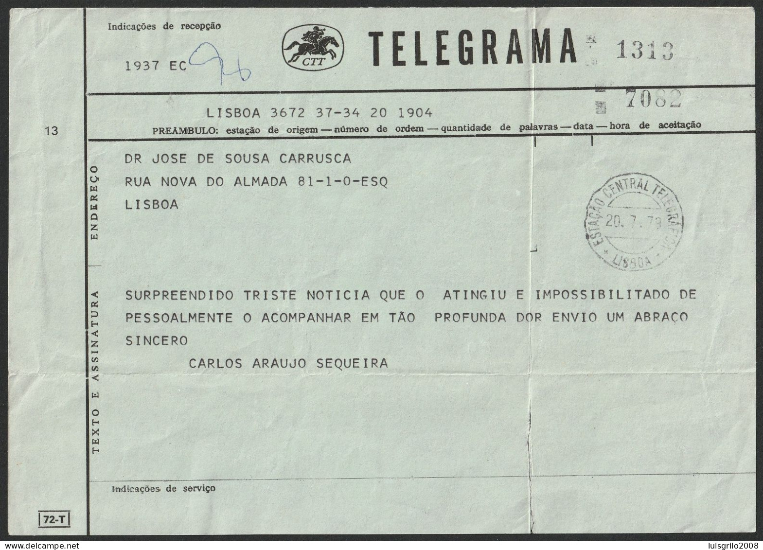 Telegram/ Telegrama - Postmark . ESTAÇÃO CENTRAL TELEGRÁFICA. Lisboa. 1973 -|- Lisboa > Lisboa - Lettres & Documents