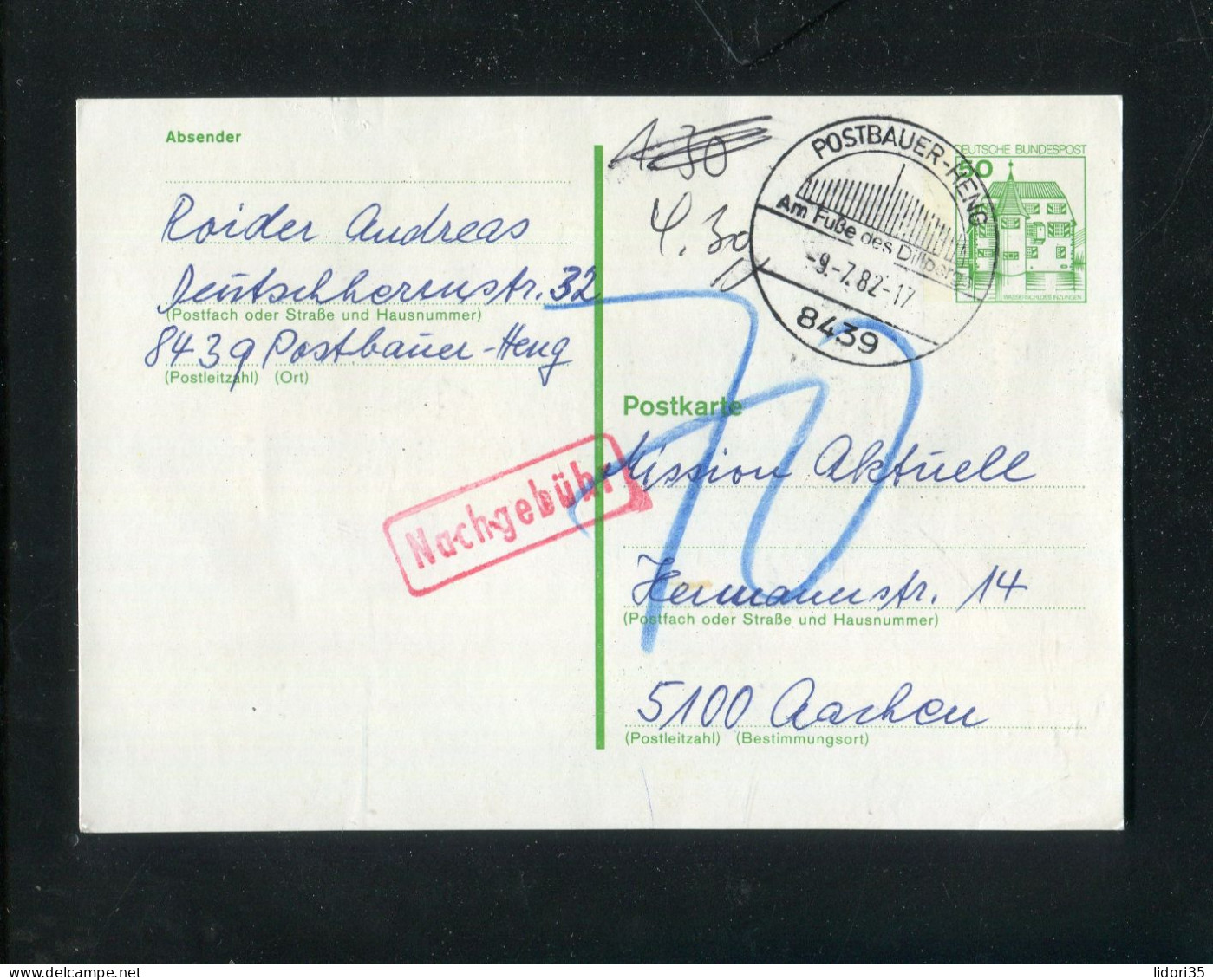 "BUNDESREPUBLIK DEUTSCHLAND" 1982, Postkarte SSt. "POSTBAUER-HENG" Nach Aachen, Nachgebuehr (roter R1) (4226) - Cartoline - Usati