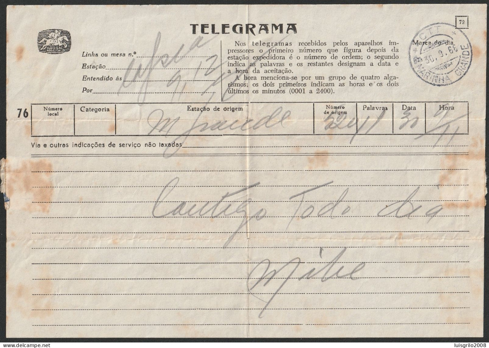 Telegram/ Telegrama - Marinha Grande -|- Postmark - CTT. Marinha Grande. 1966 - Covers & Documents