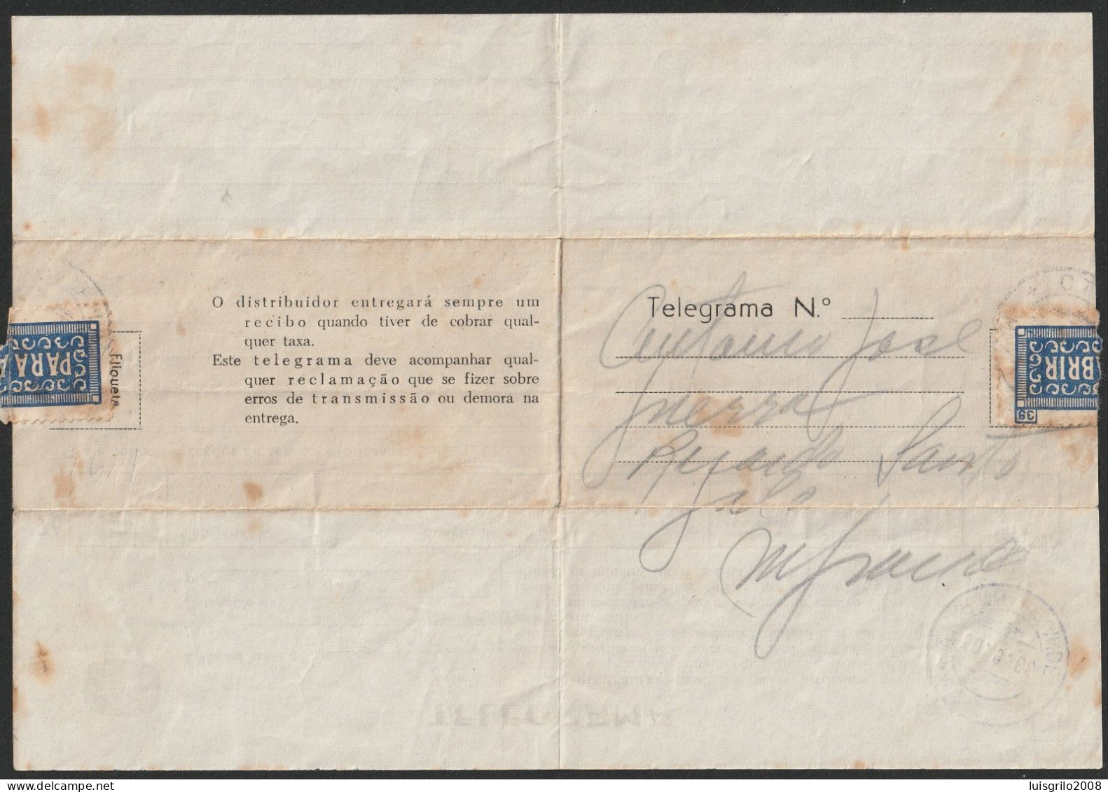 Telegram/ Telegrama - Marinha Grande -|- Postmark - CTT. Marinha Grande. 1966 - Brieven En Documenten