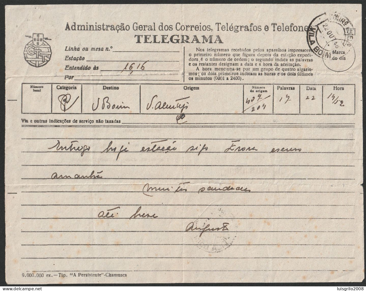 Telegram/ Telegrama - Viana Do Alentejo > Vila Boim -|- Postmark - Vila Boim. 1966 - Brieven En Documenten