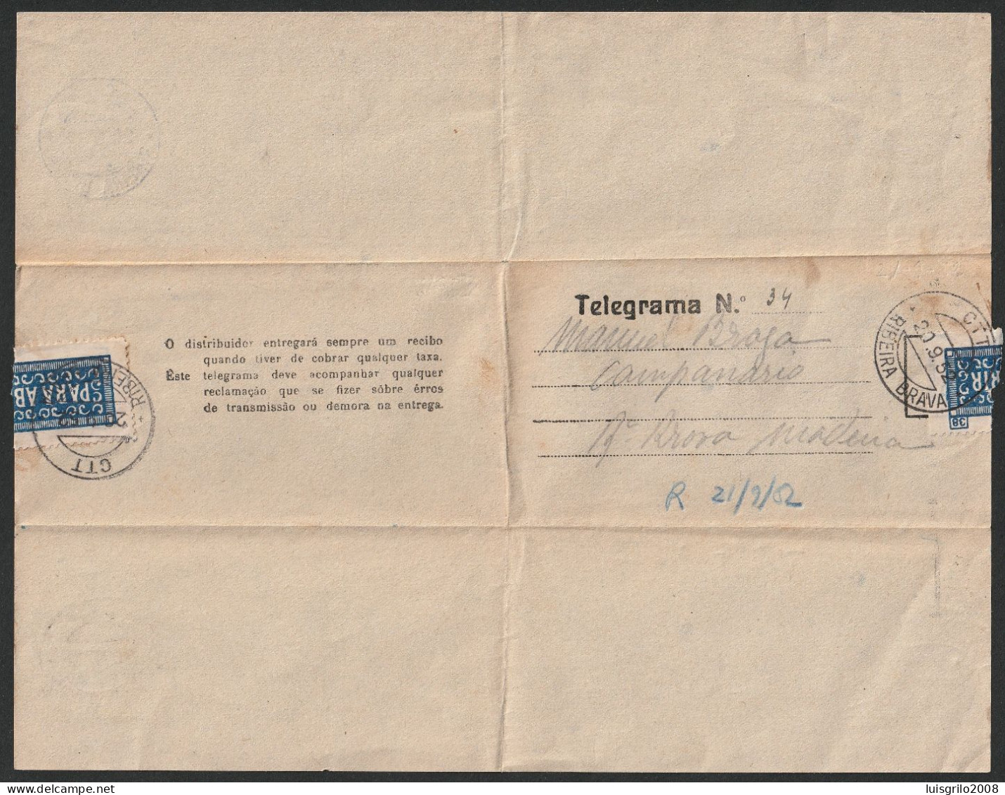 Telegram/ Telegrama - Ribeira Brava, Madeira -|- Postmark - Ribeira Brava. 1952 - Storia Postale
