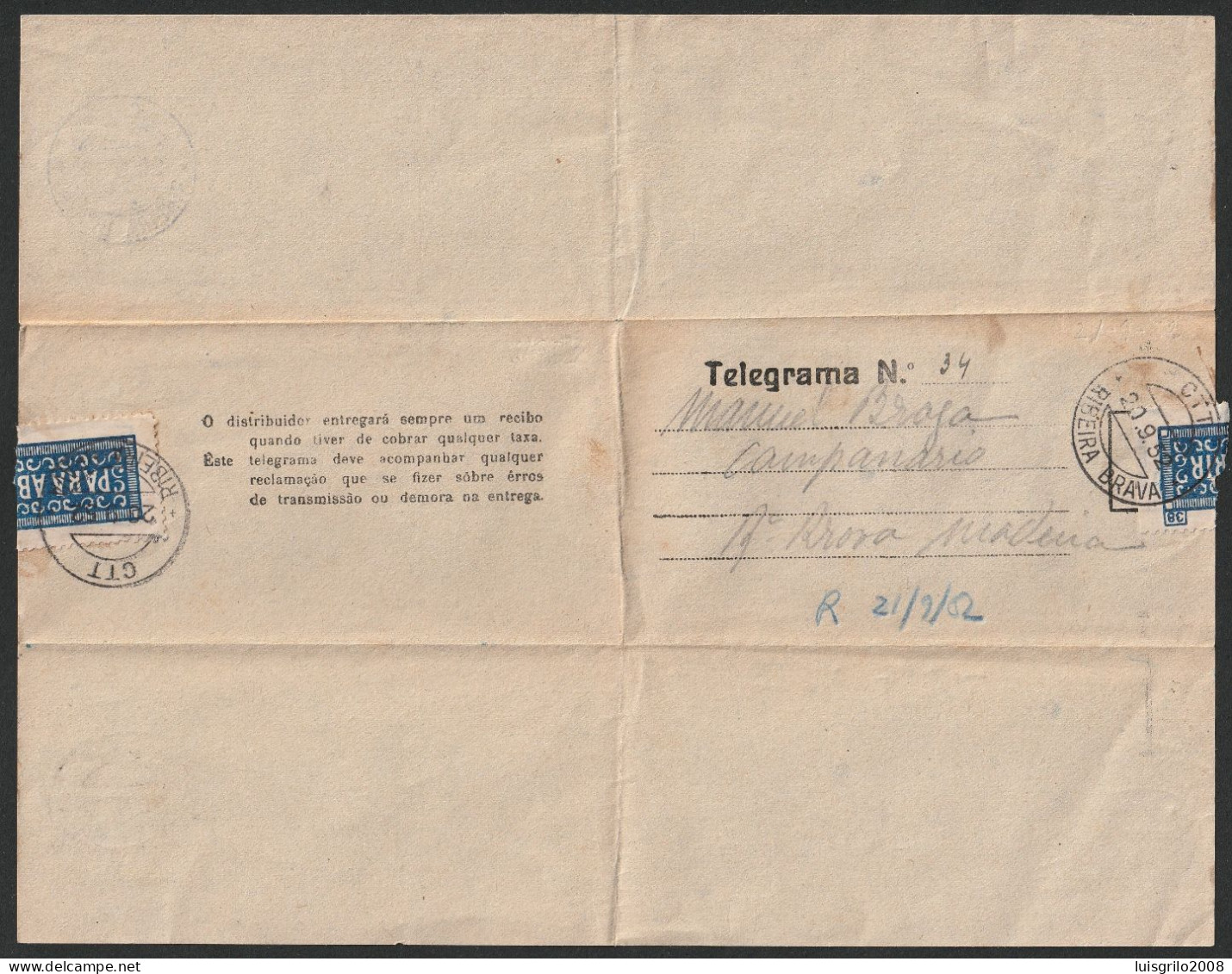 Telegram/ Telegrama - Ribeira Brava, Madeira -|- Postmark - Ribeira Brava. 1952 - Covers & Documents