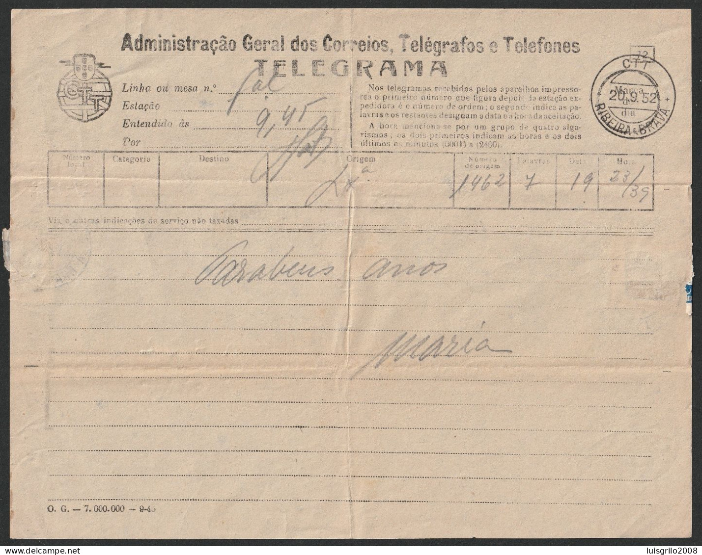 Telegram/ Telegrama - Ribeira Brava, Madeira -|- Postmark - Ribeira Brava. 1952 - Brieven En Documenten