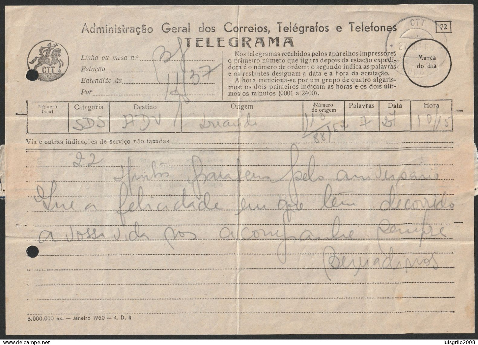 Telegram/ Telegrama - Luanda, Angola > Almodovar -|- Postmark - Almodovar. 1969 - Brieven En Documenten