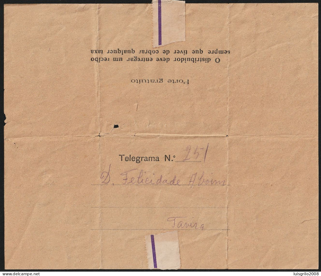 Telegram/ Telegrama - Rossio, Lisboa > Tavira -|- Postmark - Tavira. 1935 - Brieven En Documenten