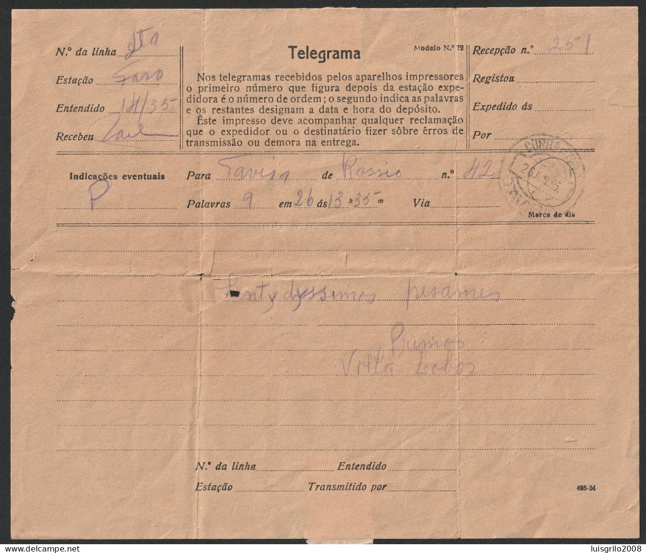 Telegram/ Telegrama - Rossio, Lisboa > Tavira -|- Postmark - Tavira. 1935 - Covers & Documents