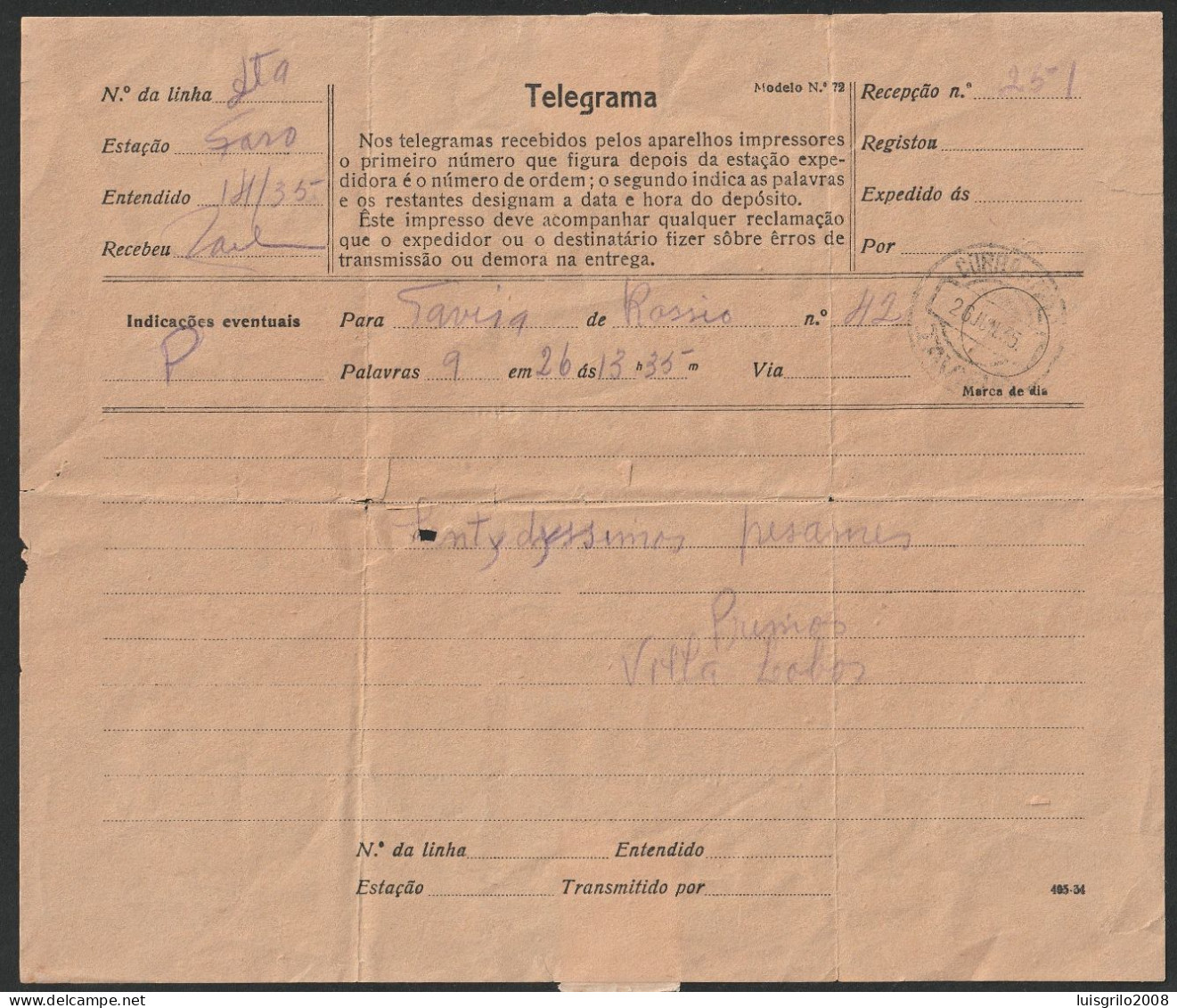 Telegram/ Telegrama - Rossio, Lisboa > Tavira -|- Postmark - Tavira. 1935 - Brieven En Documenten