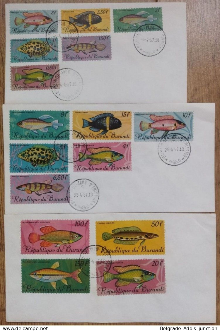 Burundi COB 217/32 Série Complète Sur 3 Enveloppes FDC 1967 Poissons Fishes - Cartas