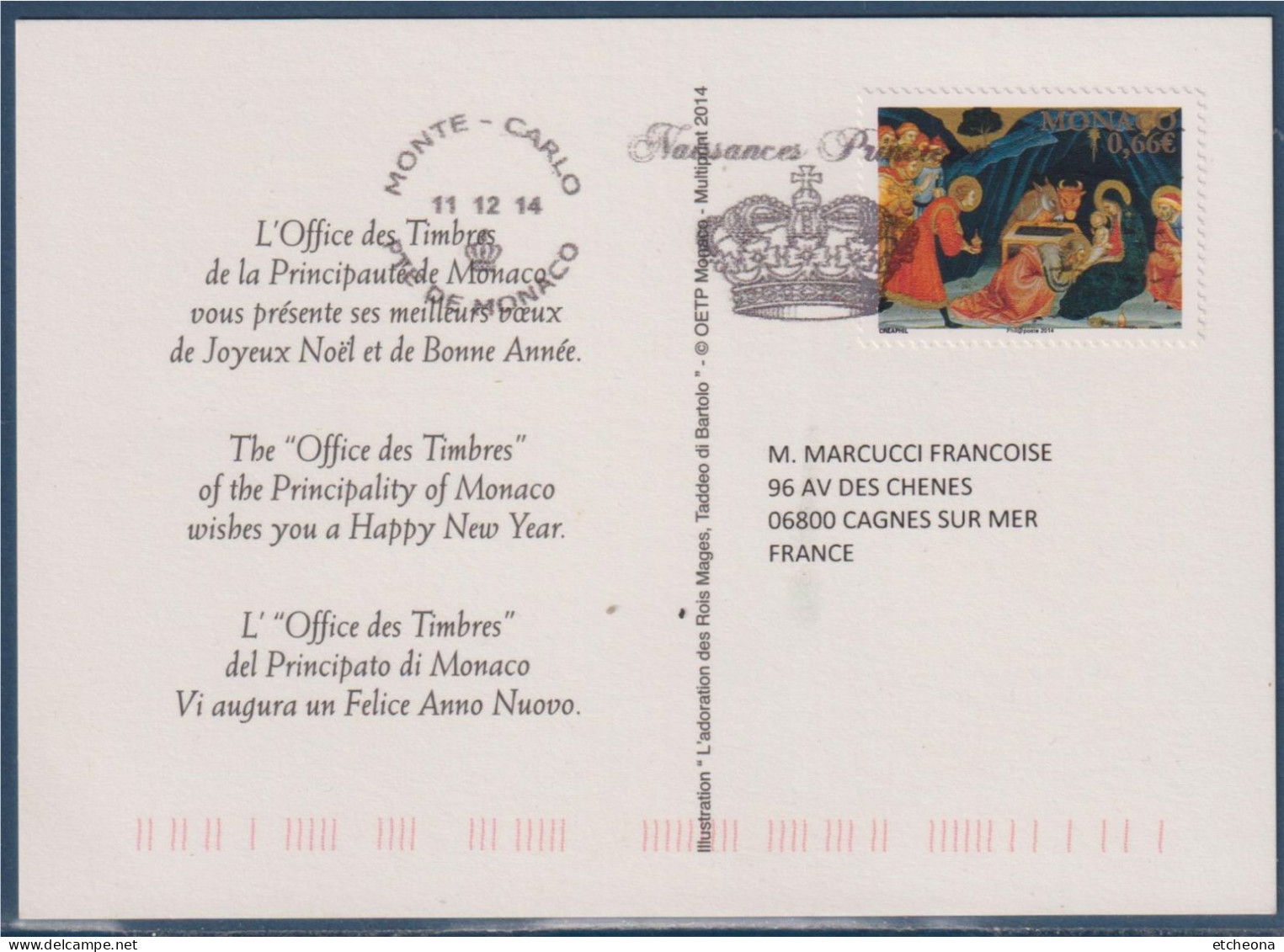 Meilleurs Vœux Flamme De Monaco Naissance Princière 11.12.14 Reprise Visuel Du Timbre N°2947 Adoration Des Mages - Poststempel