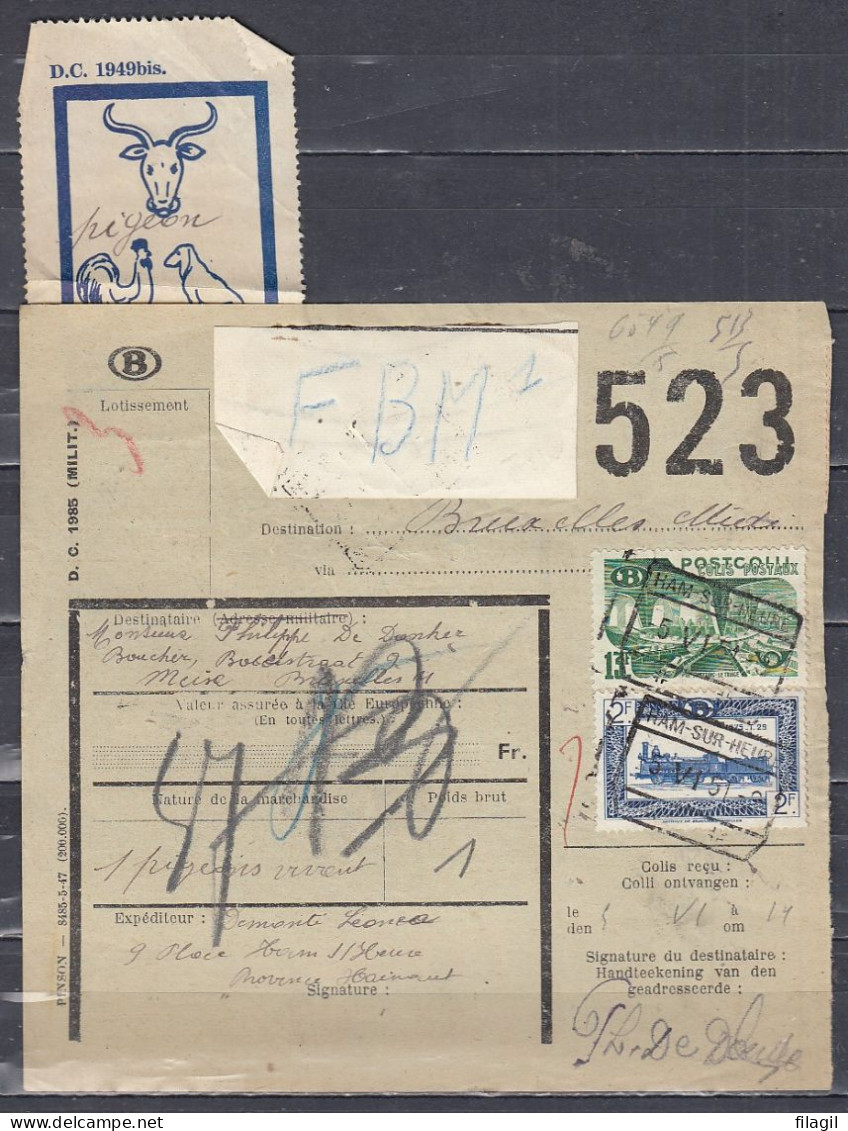 Vrachtbrief Met Stempel HAM SUR HEURE Met Etiket Dieren Militair Colli - Documents & Fragments