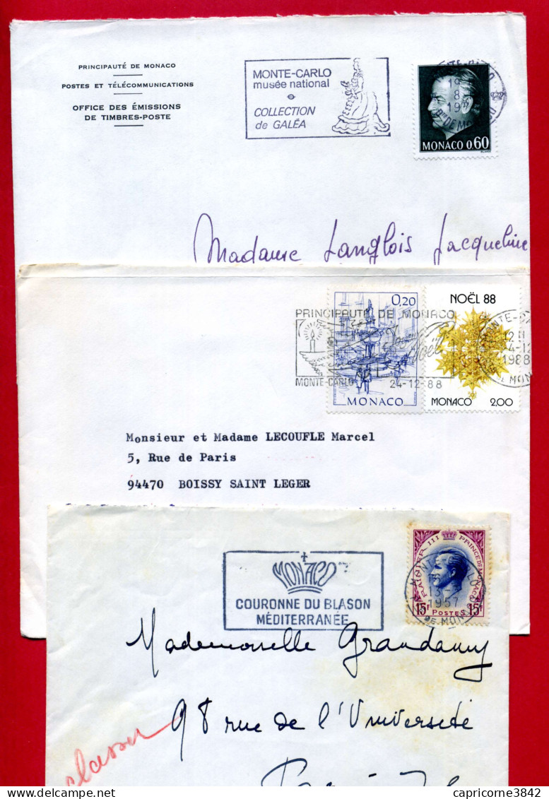 Monaco - 3 Enveloppes Timbres Et Oblitérations Diverses - Storia Postale