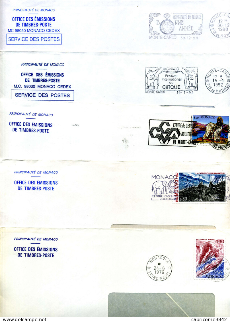 Monaco - 5 Enveloppes Timbres Et Oblitérations Diverses - Postmarks