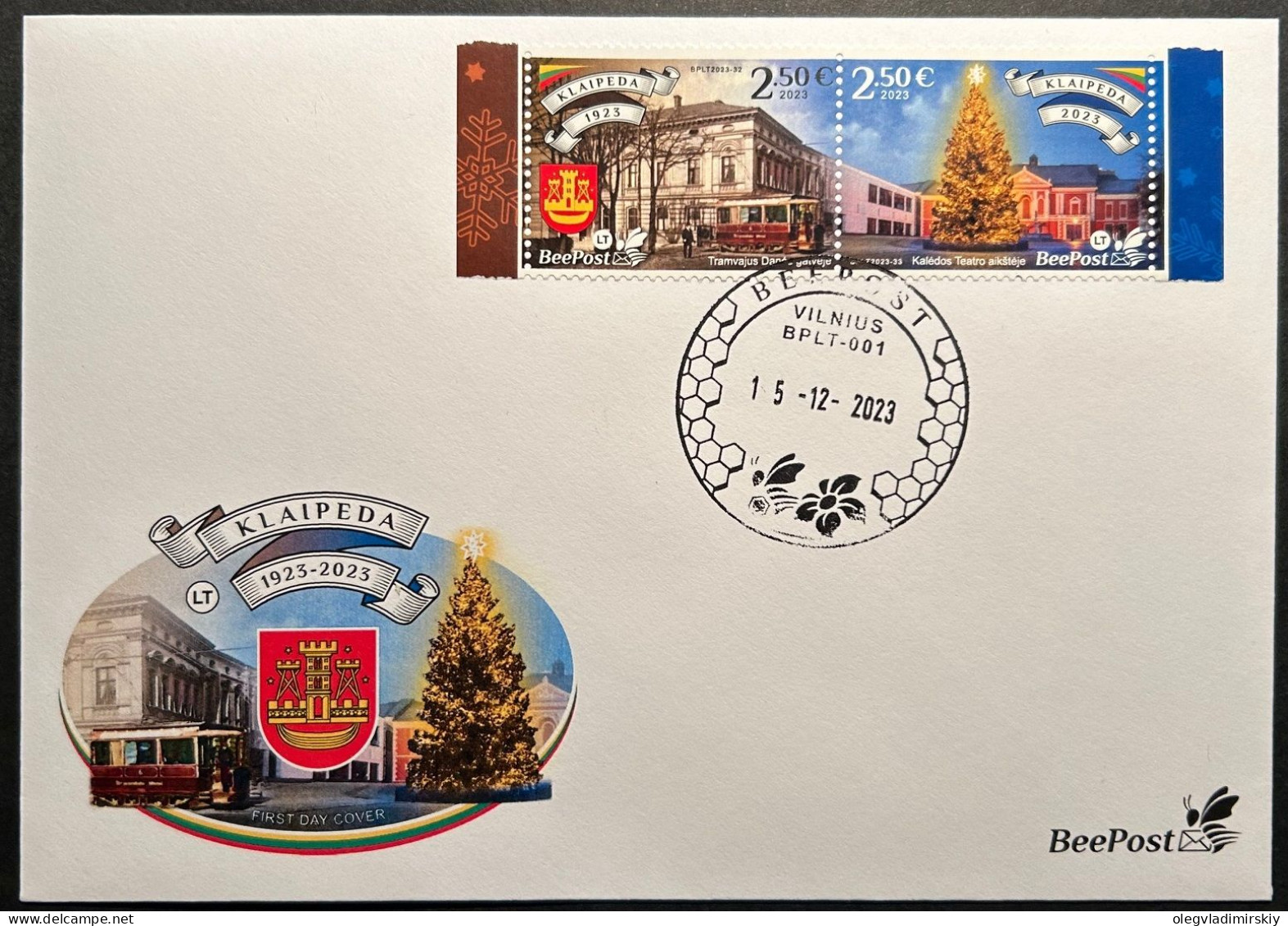 Lithuania Litauen Lituanie 2023 Christmas In Klaipeda Tramway Architecture BeePost Strip Of 2 Stamps FDC - Tram