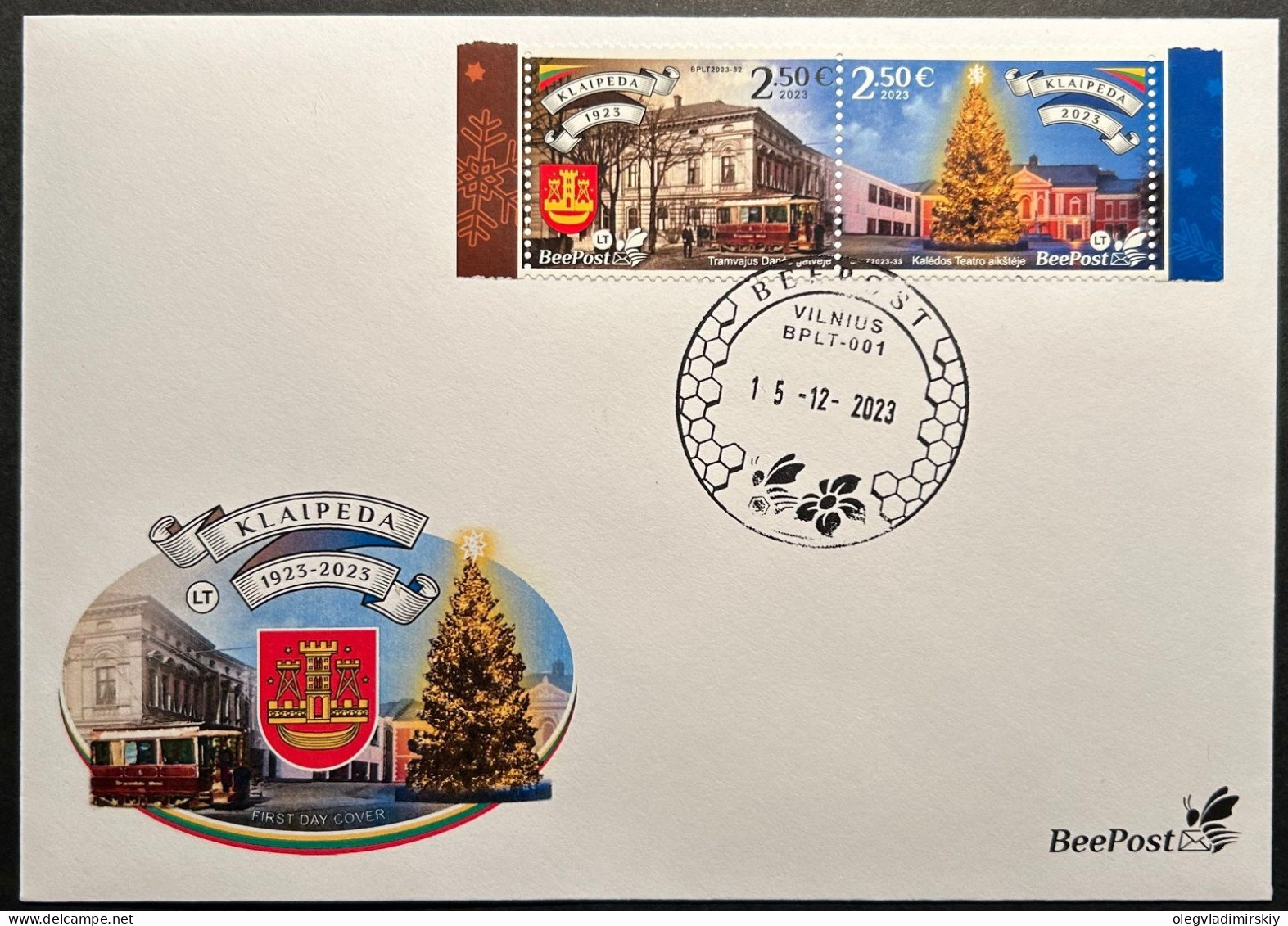 Lithuania Litauen Lituanie 2023 Christmas In Klaipeda Tramway Architecture BeePost Strip Of 2 Stamps FDC - Tramways