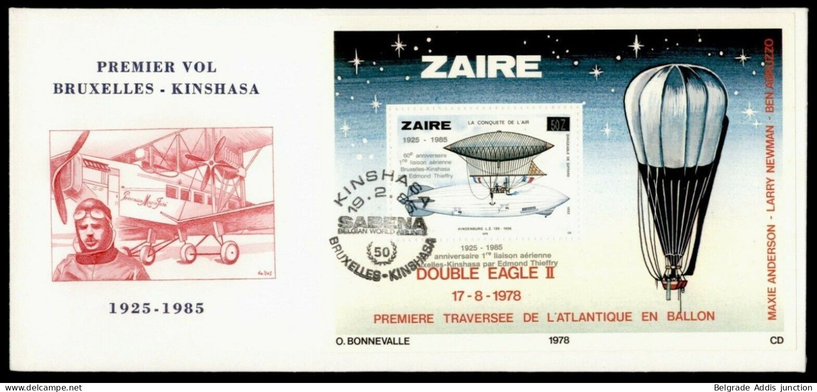 Zaire Belgisch Congo Belge COB BL59 Sur Enveloppe FDC 1985 SABENA - 1980-1989