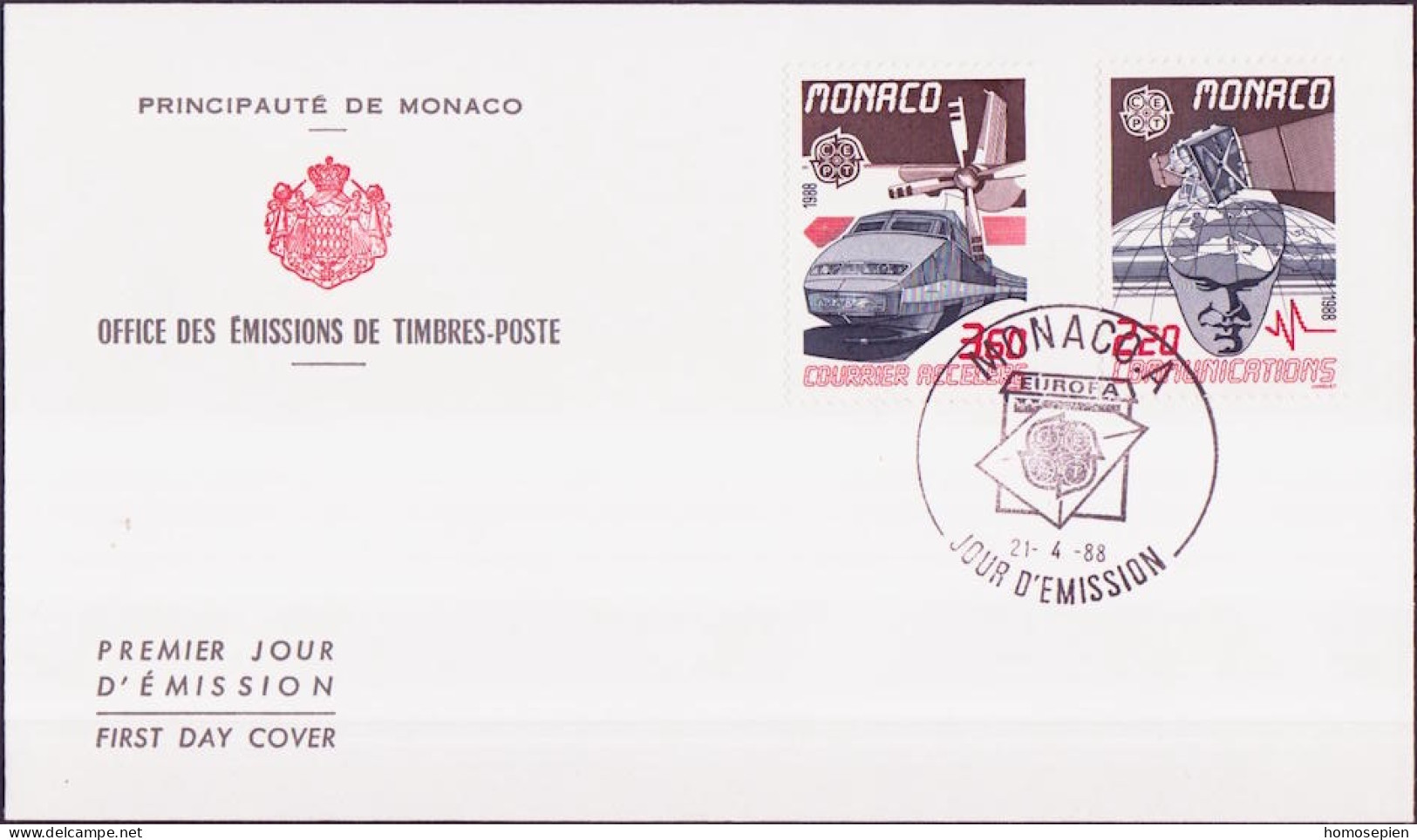 Europa CEPT 1988 Monaco FDC1 Y&T N°1626 à 1627 - Michel N°1859 à 1860 - 1988