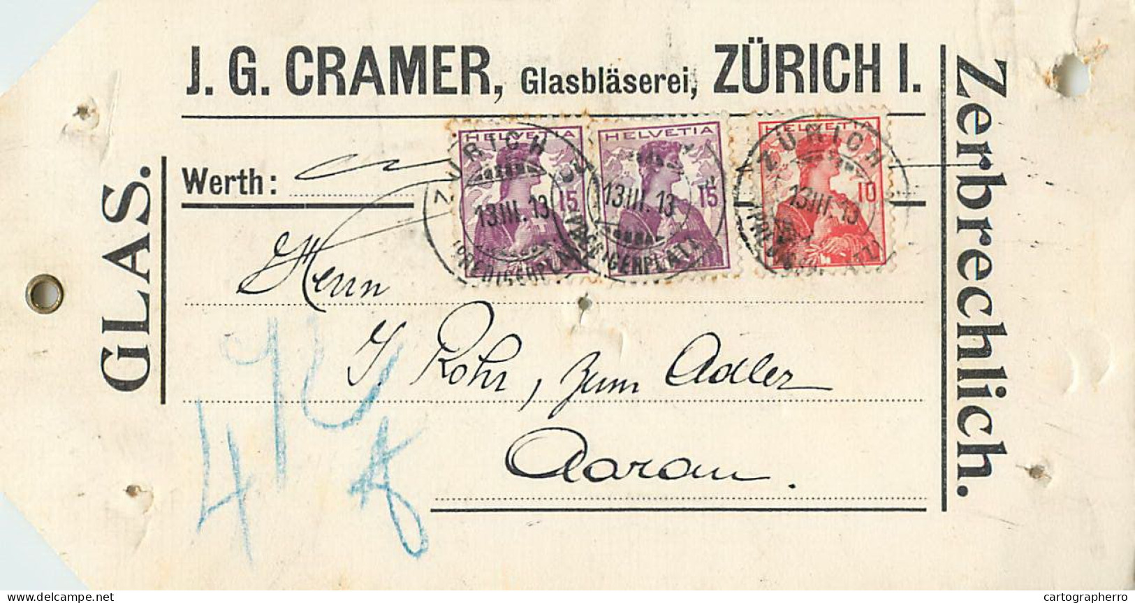 Schweiz Glas. J.G. Cramer, Glasblaserei, Zurich I. Zerbrechlich Aarau 1913 - Autres & Non Classés