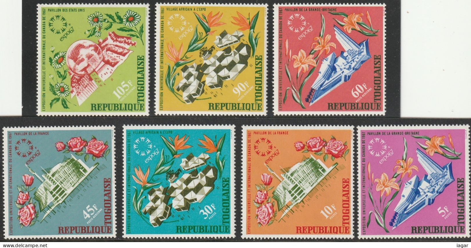 THEMATIC UNIVERSAL AND INTERNATIONAL EXPOSITION OF MONTREAL. EMBLEMS AND FLOWERS   7v+MS  -  TOGO - 1967 – Montreal (Kanada)