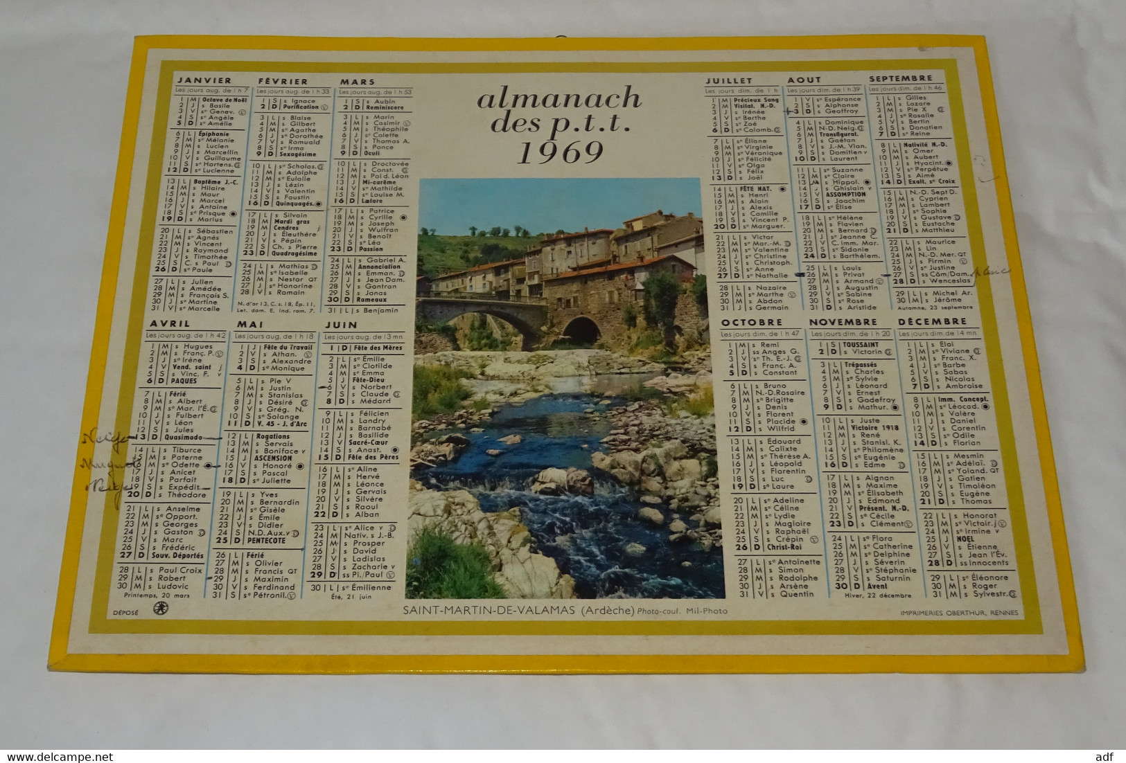 1969 CALENDRIER ALMANACH DES PTT, SAINT MARTIN DE VALAMAS EN ARDECHE, OBERTHUR, AISNE 02 - Grand Format : 1961-70