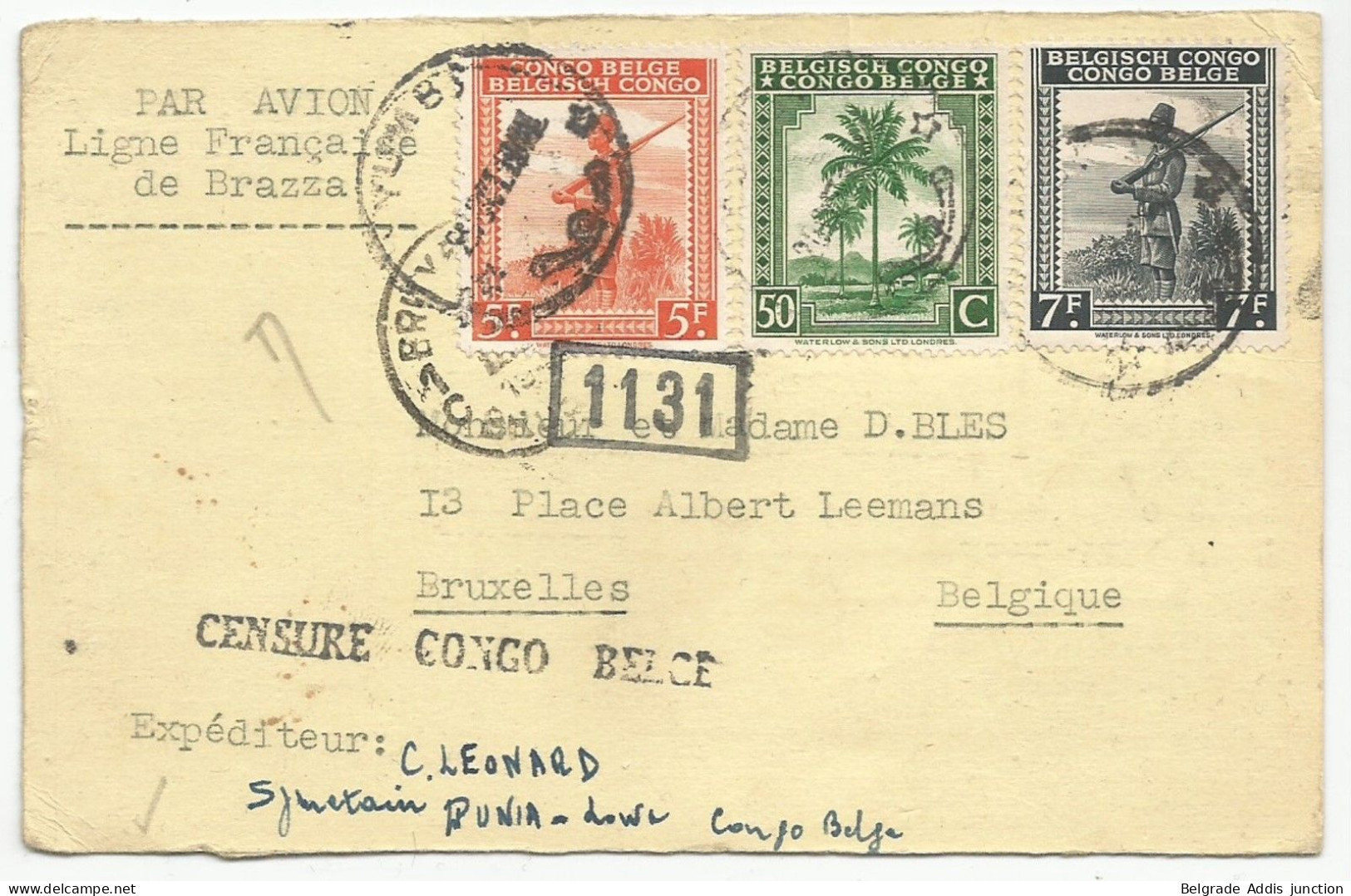 Congo Belge Carte Postale Avec Censure 1944 Punia Yumbi Par Avion Ligne Française De Brazza France Belgique - Cartas & Documentos