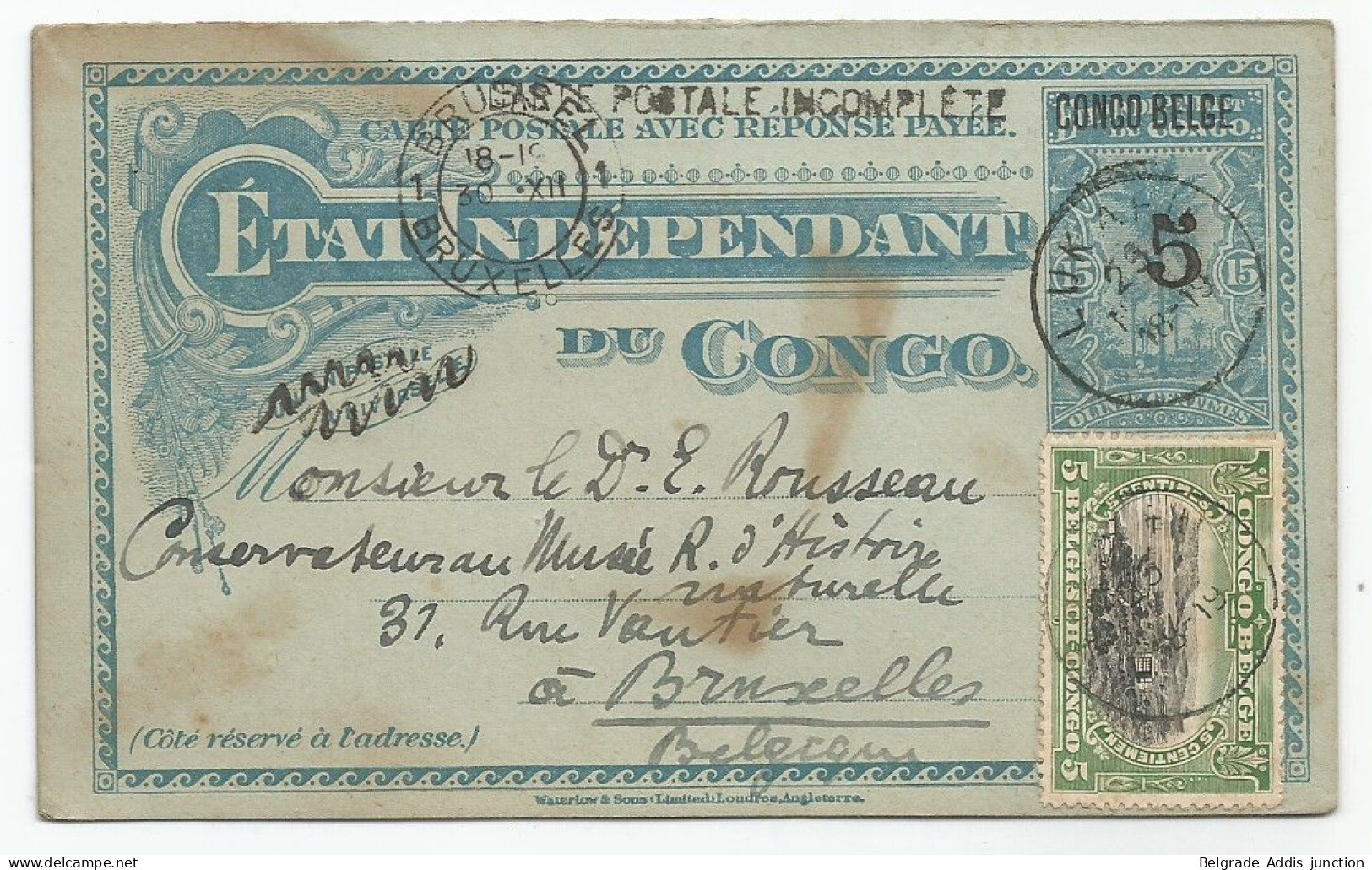 Congo Belge Etat Indépendant Entier Postal Stibbe 31 Obltération Lukafu 1912 - Stamped Stationery