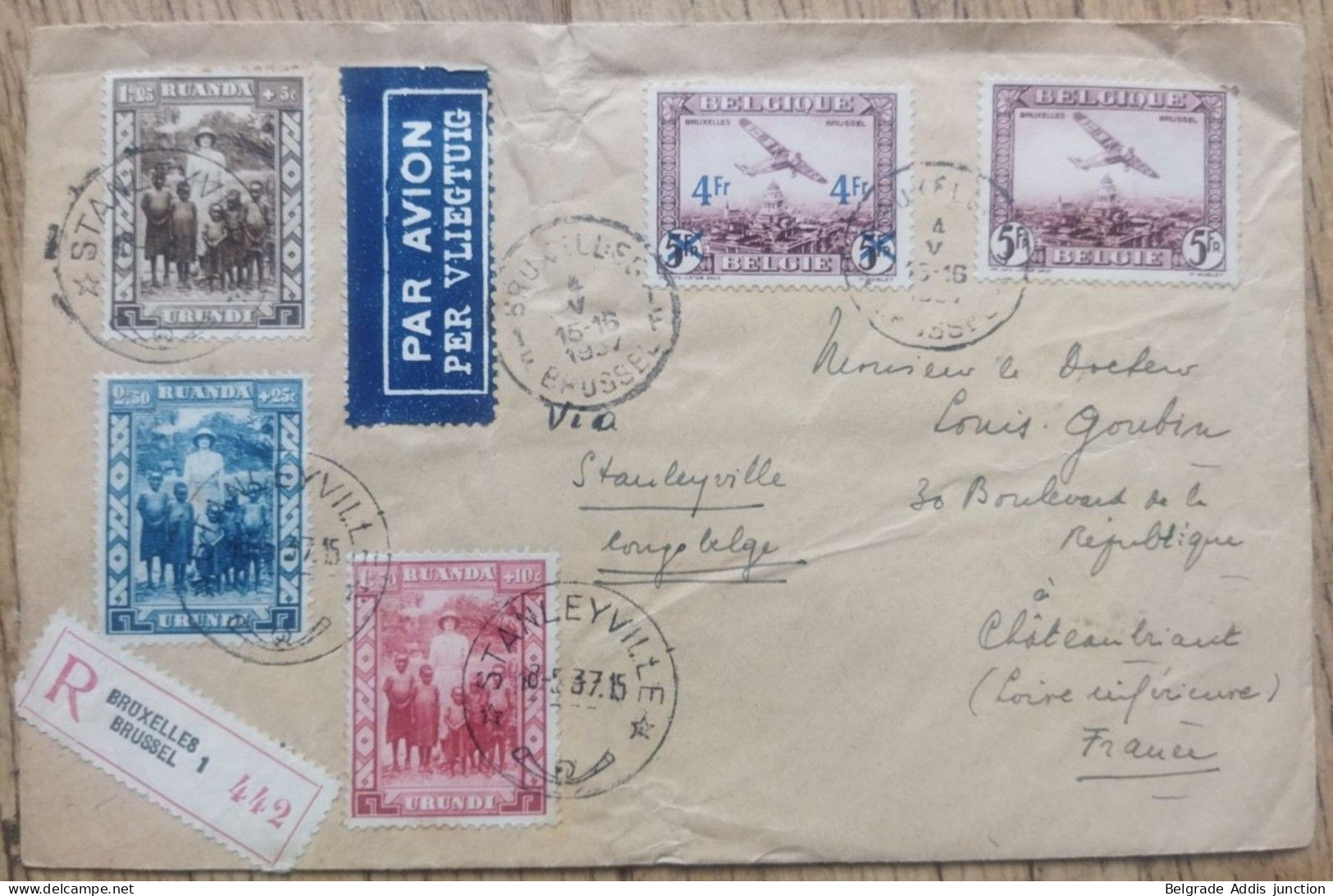 Lettre Poste Aérienne 1937 Belgique Vers France Via Stanleyville Congo Belge (Affranchissement Intéressant) - Cartas & Documentos