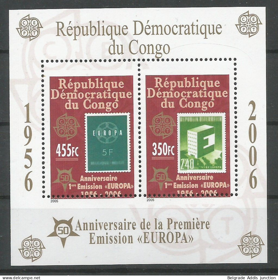 Zaire Congo Kinshasa RDC Bloc COB BL350-Cu Erreur De Dentelure MNH / ** 2005 Europa (2006) ERROR SHIFTED PERFORATION - Mint/hinged