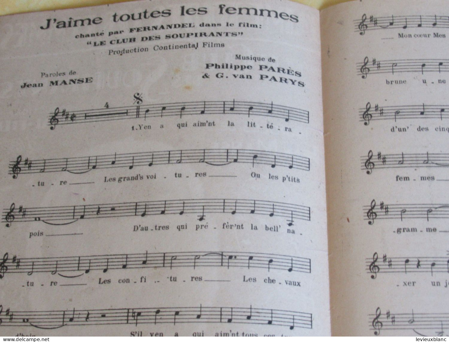 Partition  Ancienne/ "J'aime Toutes Les Femmes "/FERNANDEL/Jean MANSE / Parés & Van Parys/ Continental /1943    PART367 - Other & Unclassified