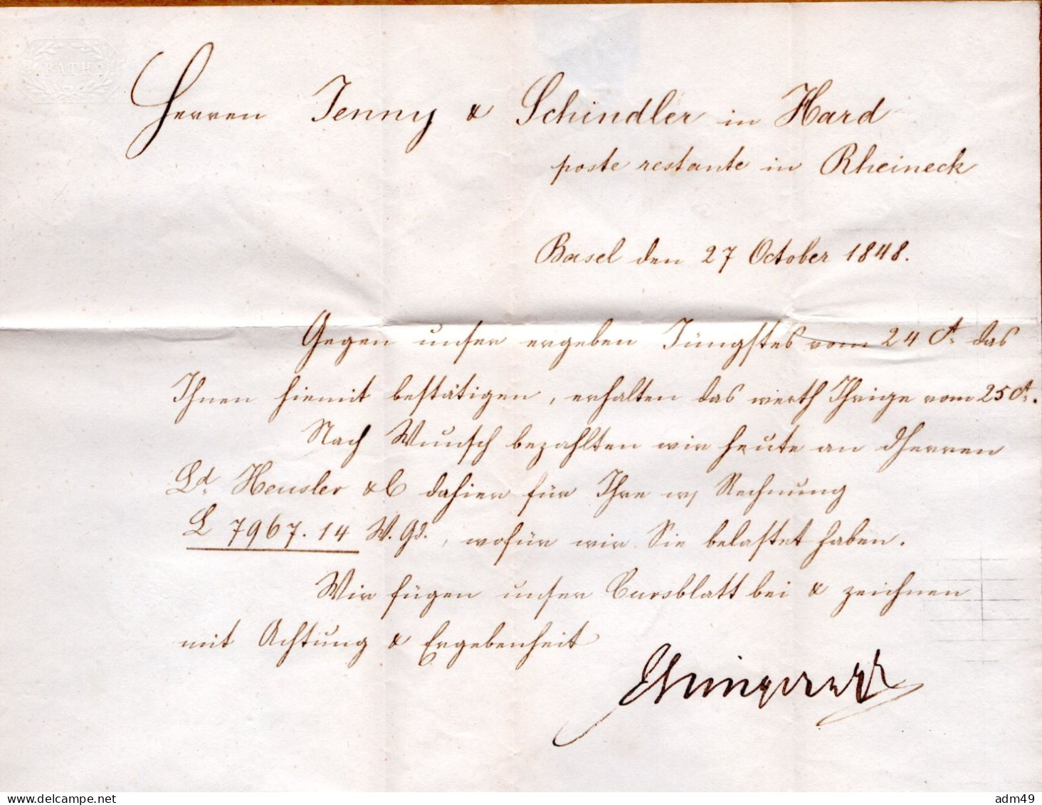 SCHWEIZ, Vorphilatelie 27/OCT/1848, BASEL - ...-1845 Prephilately