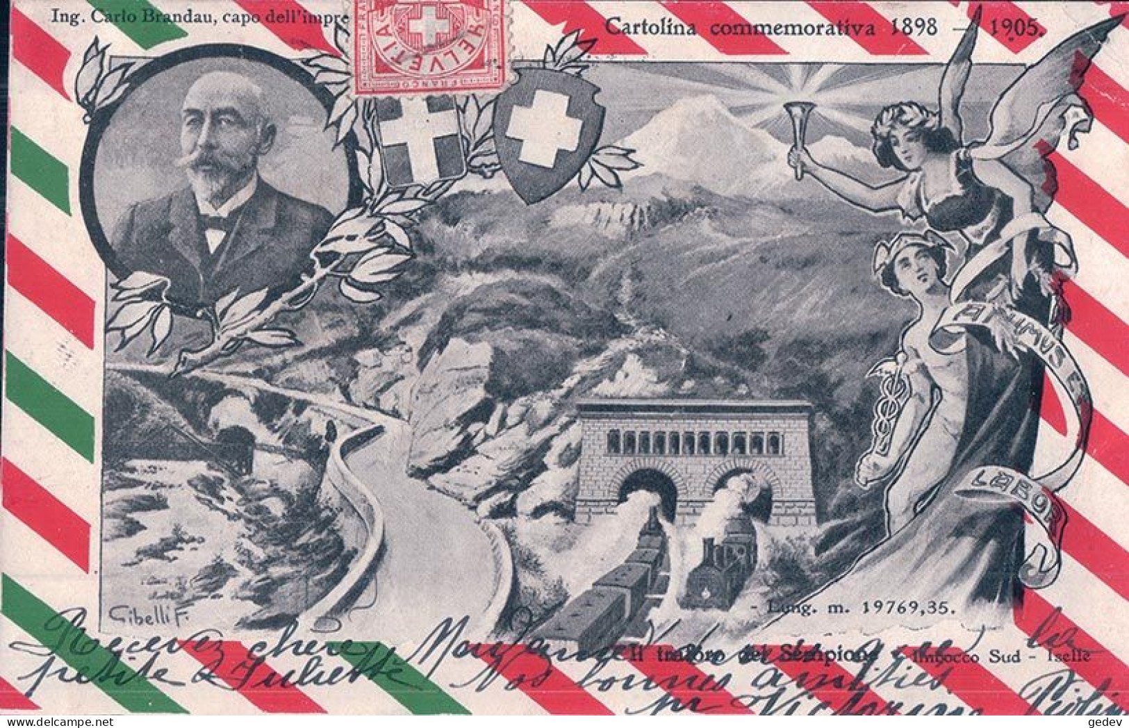 Cartolina Commemorativa 1898 - 1905, L Traforo Del Sempione, Imbocco Sud, Iselle, Illustrateur Gibelli F. (11.4.1905) - Kunstbauten