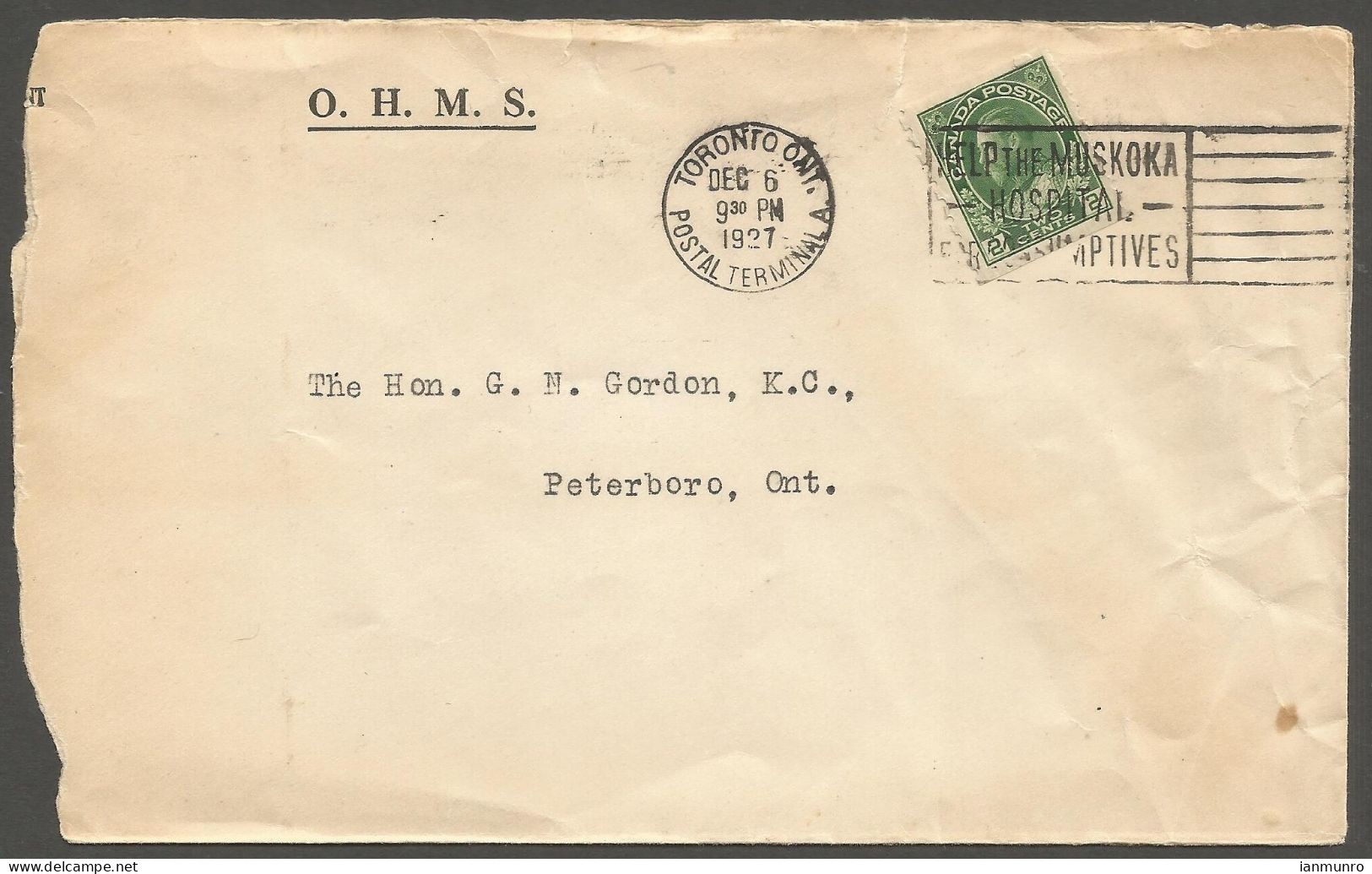 1927 Cover 2c Admiral Coil Muskoka Hospital Slogan Toronto Ontario OHMS - Histoire Postale