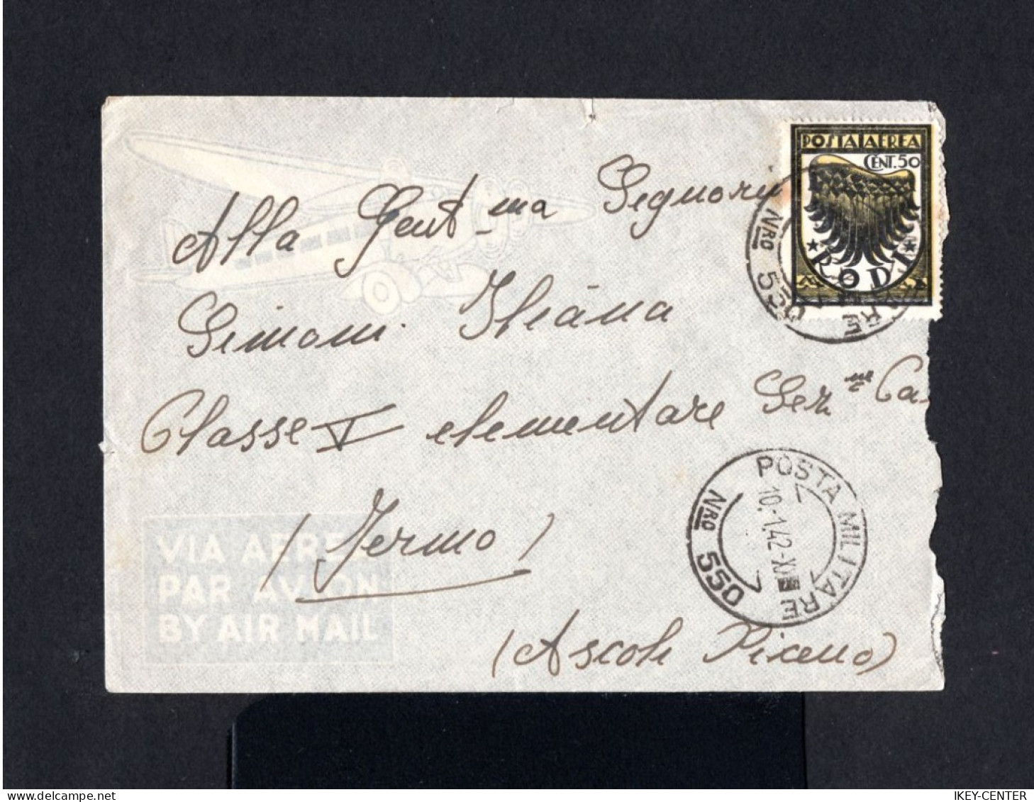 129-ITALIAN RODI-EGEO-AIRMAIL MILITARY COVER PM 550 To ASCOLI PICENO (italy) 1942.WWII.ITALIAN Colonies.RHODES - Aegean (Rodi)