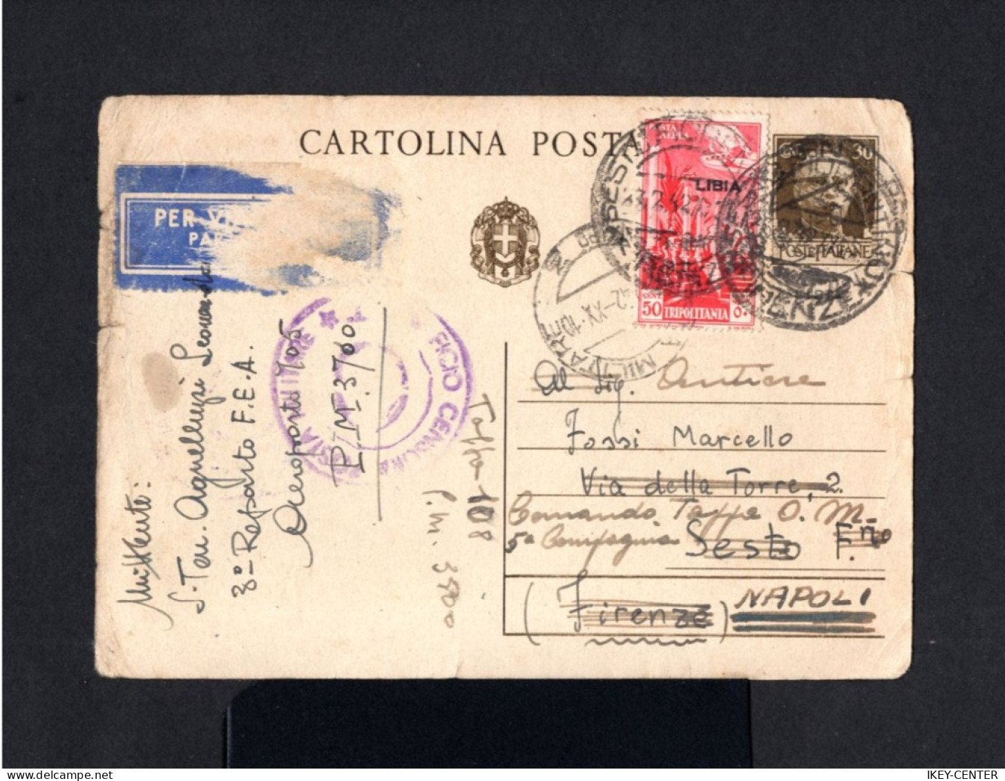 1338-ITALIAN LIBIA-AIRMAIL MILITARY CENSOR POSTCARD PM3700 To NAPOLI (italy)1942.WWII.LIBIA ITALIANA.carte Postale - Libië