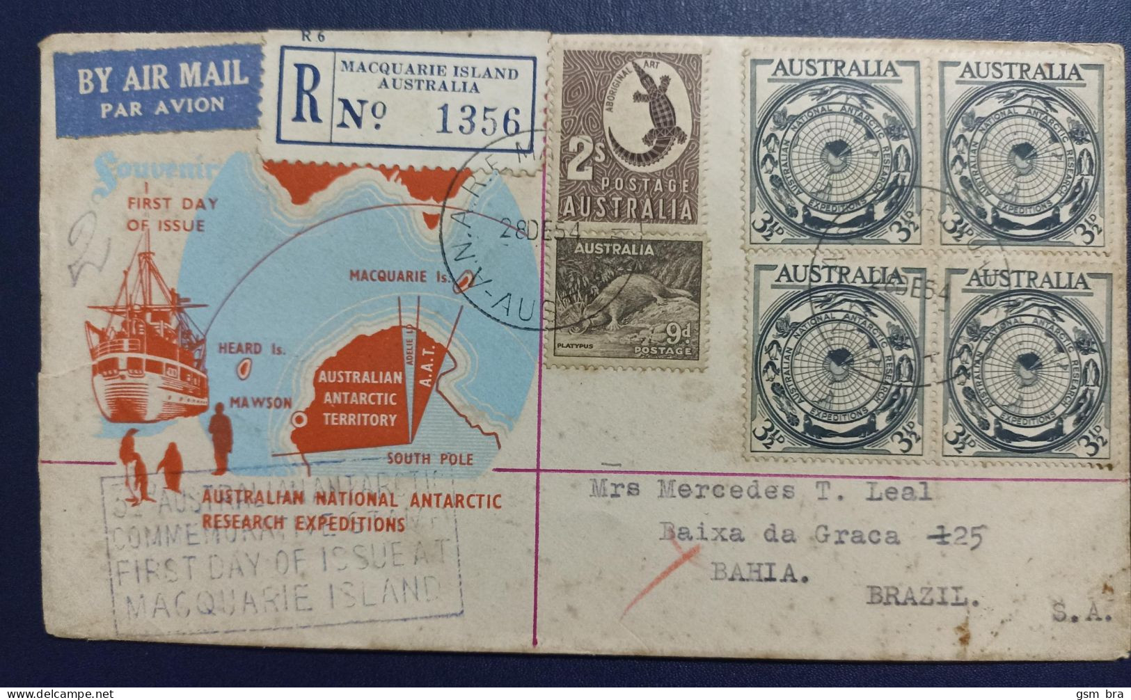 Australian Antarctic Territory: Letter Circulated From Australia To Brazil. Map, Fauna, Alligator. - Lettres & Documents