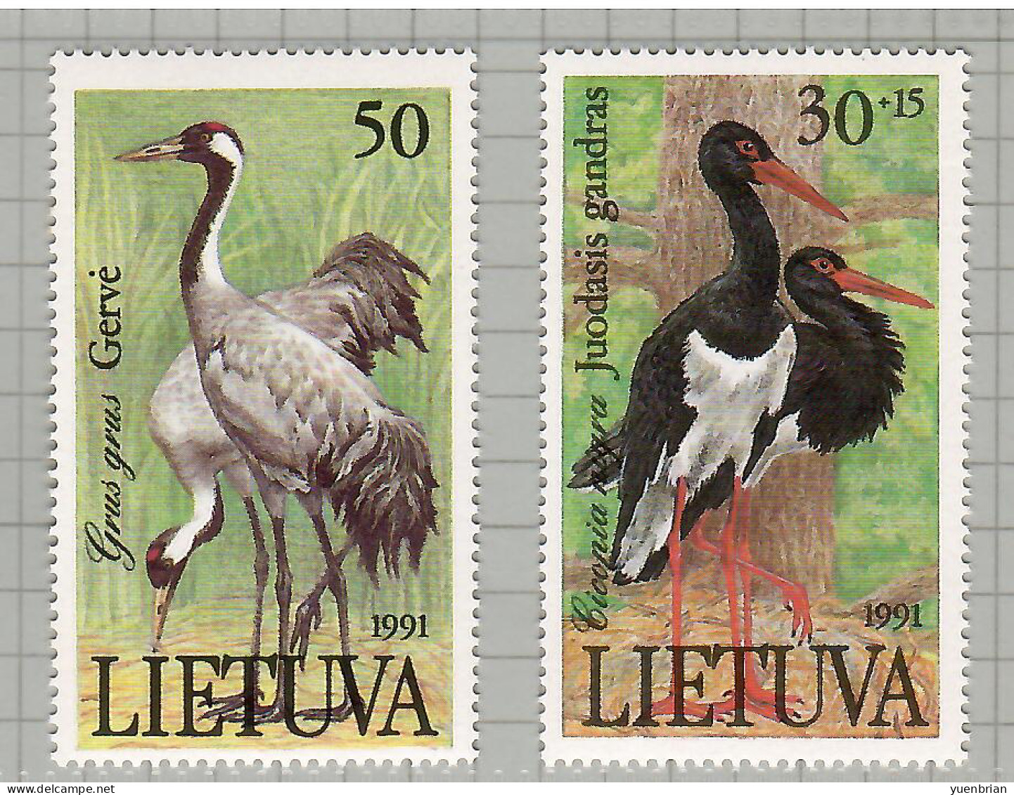 Lithuania 1991, Bird, Birds, Crane, Set Of 2v, MNH** - Kraanvogels En Kraanvogelachtigen