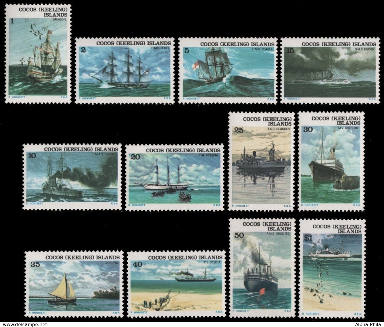 Kokos-Inseln 1976 - Mi-Nr. 20-31 ** - MNH - Schiffe / Ships - Cocos (Keeling) Islands