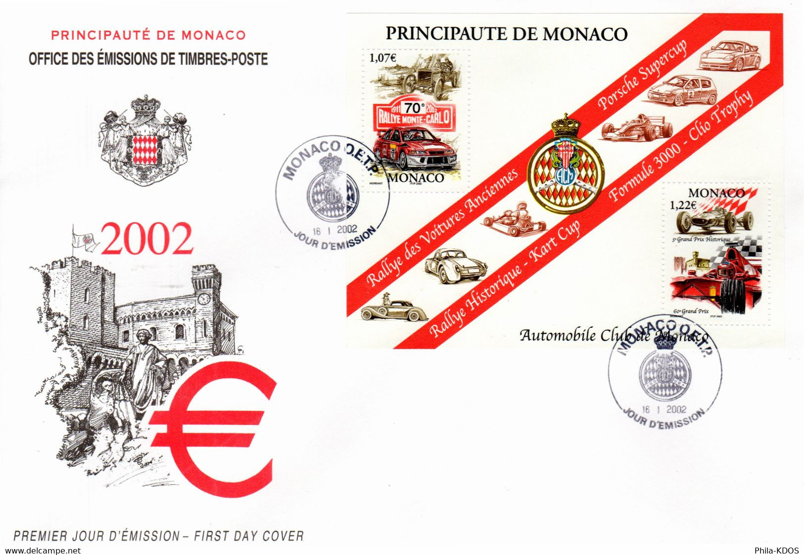 2002 " AUTOMOBILE CLUB DE MONACO " Sur Enveloppe 1er Jour Grand Format De MONACO N° YT 2334 2335. Parf état FDC - Automobile