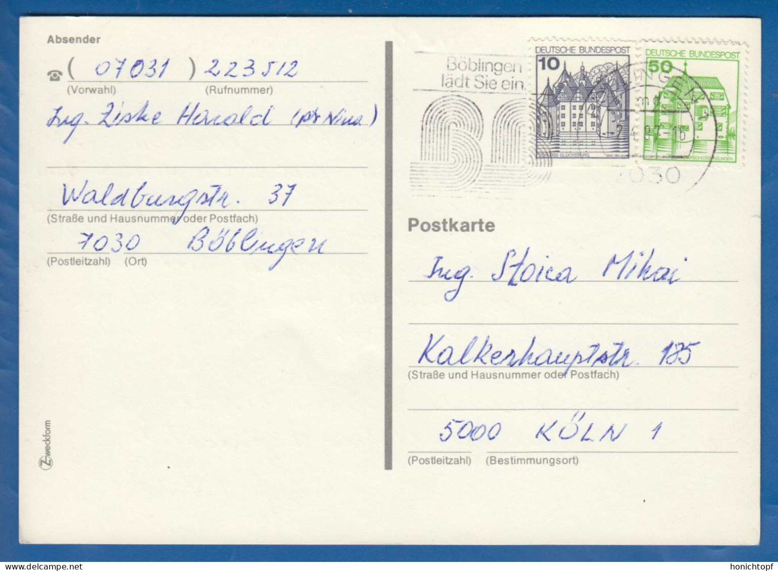 Deutschland; BRD; Postkarte; 10+50 Pf Wasserschloss Inzlingen Und Schloss Glücksburg; 1987; Bild1 - Postcards - Used