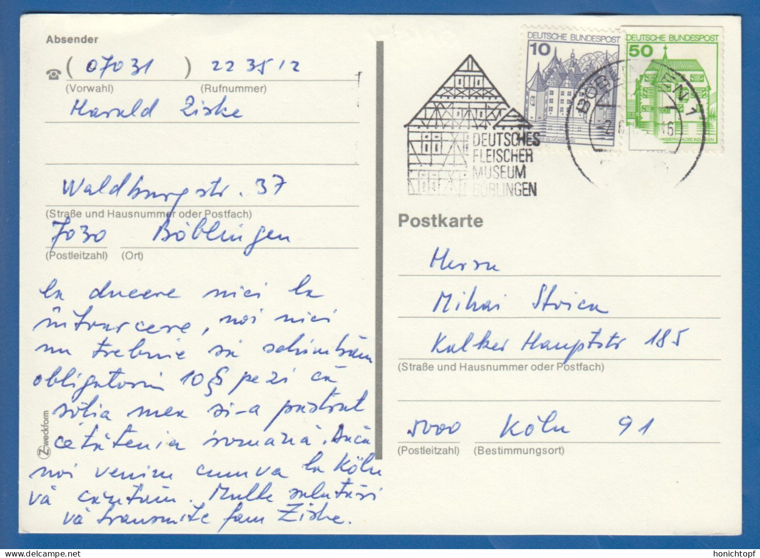 Deutschland; BRD; Postkarte; 10+50 Pf Wasserschloss Inzlingen Und Schloss Glücksburg; 1986; Bild2 - Cartes Postales - Oblitérées