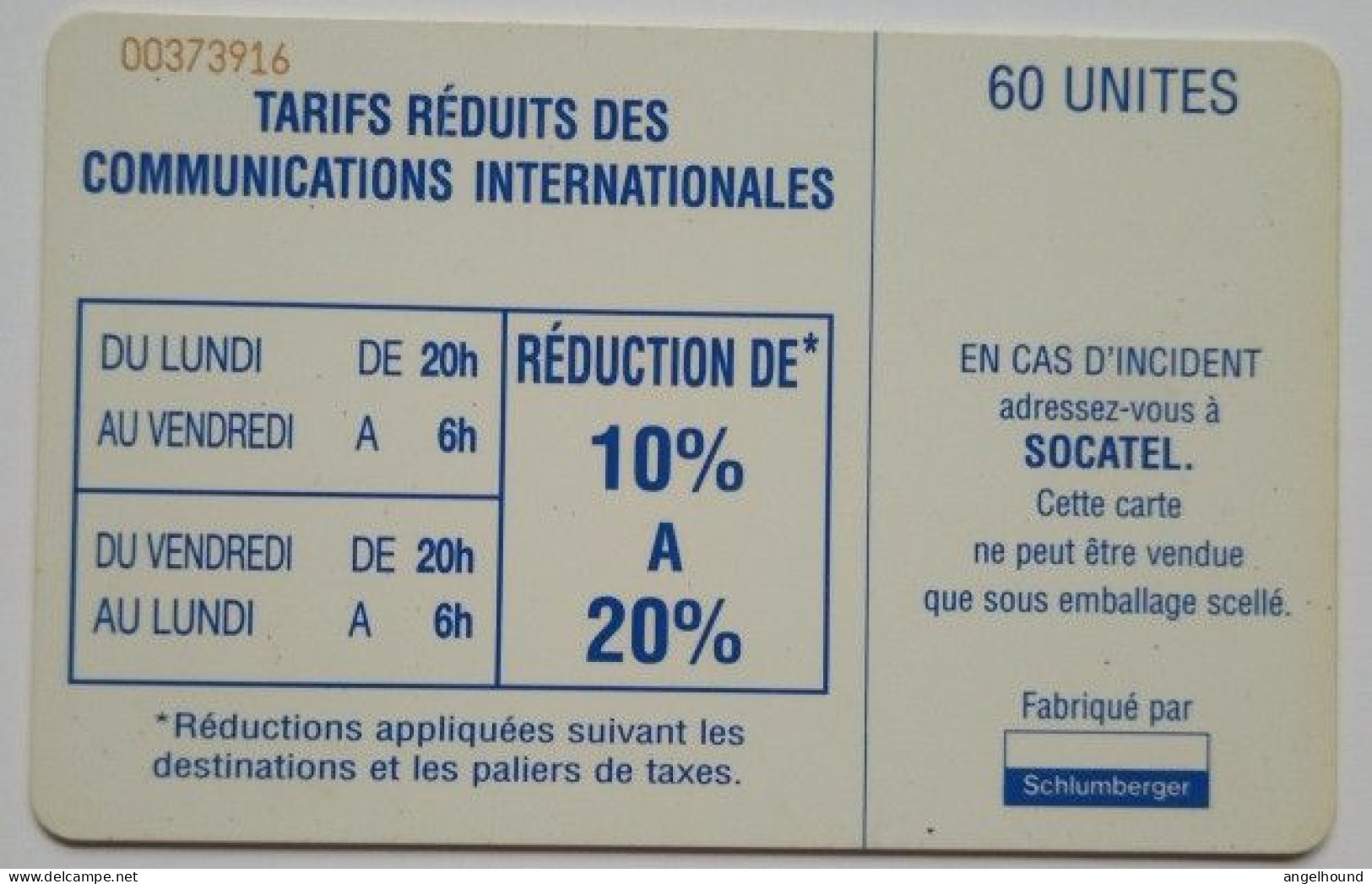 Central Afican Republic SOCATEL 60 Units - Logo Blue ( Tarifs On Reverse ) - República Centroafricana