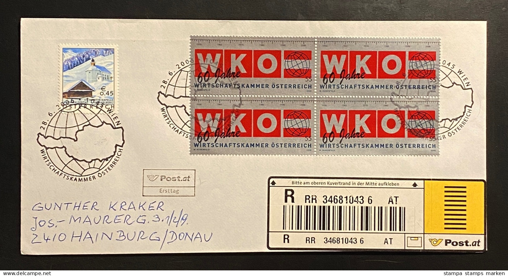 Österreich 2006 Politik WKO Mi. 2602 Viererblock + Mi. 2454 FDC, R-Brief Sonderstempel WIEN - Briefe U. Dokumente