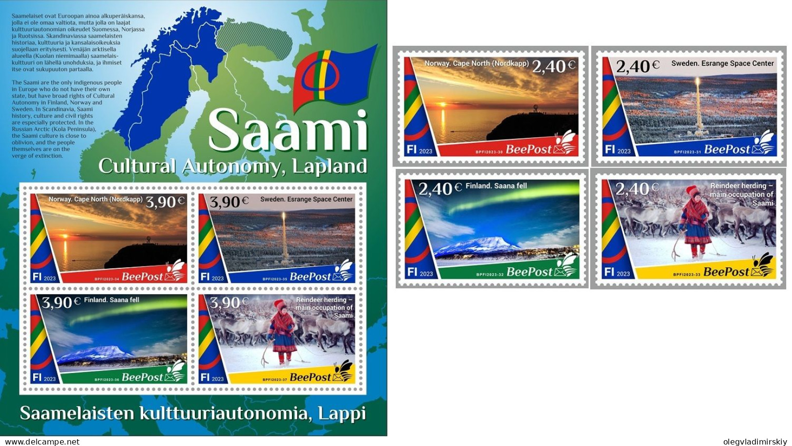 Finland Finnland Finlande 2023 Lapland Cultural Autonomy Saami BeePost Set And Block MNH - Unused Stamps