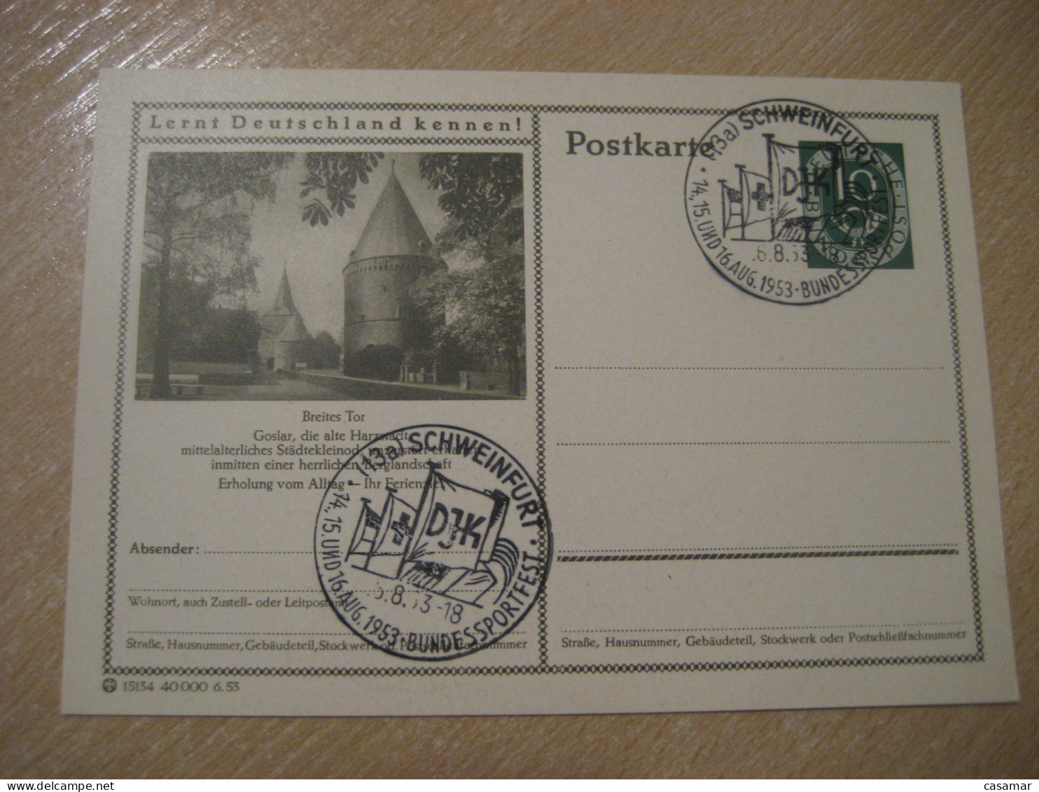 SCHWEINFURT 1953 Flag Flags Bundesportfest Federal Sports Festival Cancel GOSLAR Castle Postal Stationery Card GERMANY - Buste